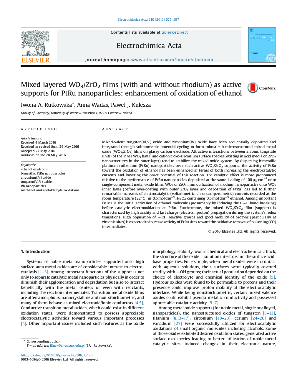 Mixed layered WO3/ZrO2 films (with and without rhodium) as active supports for PtRu nanoparticles: enhancement of oxidation of ethanol