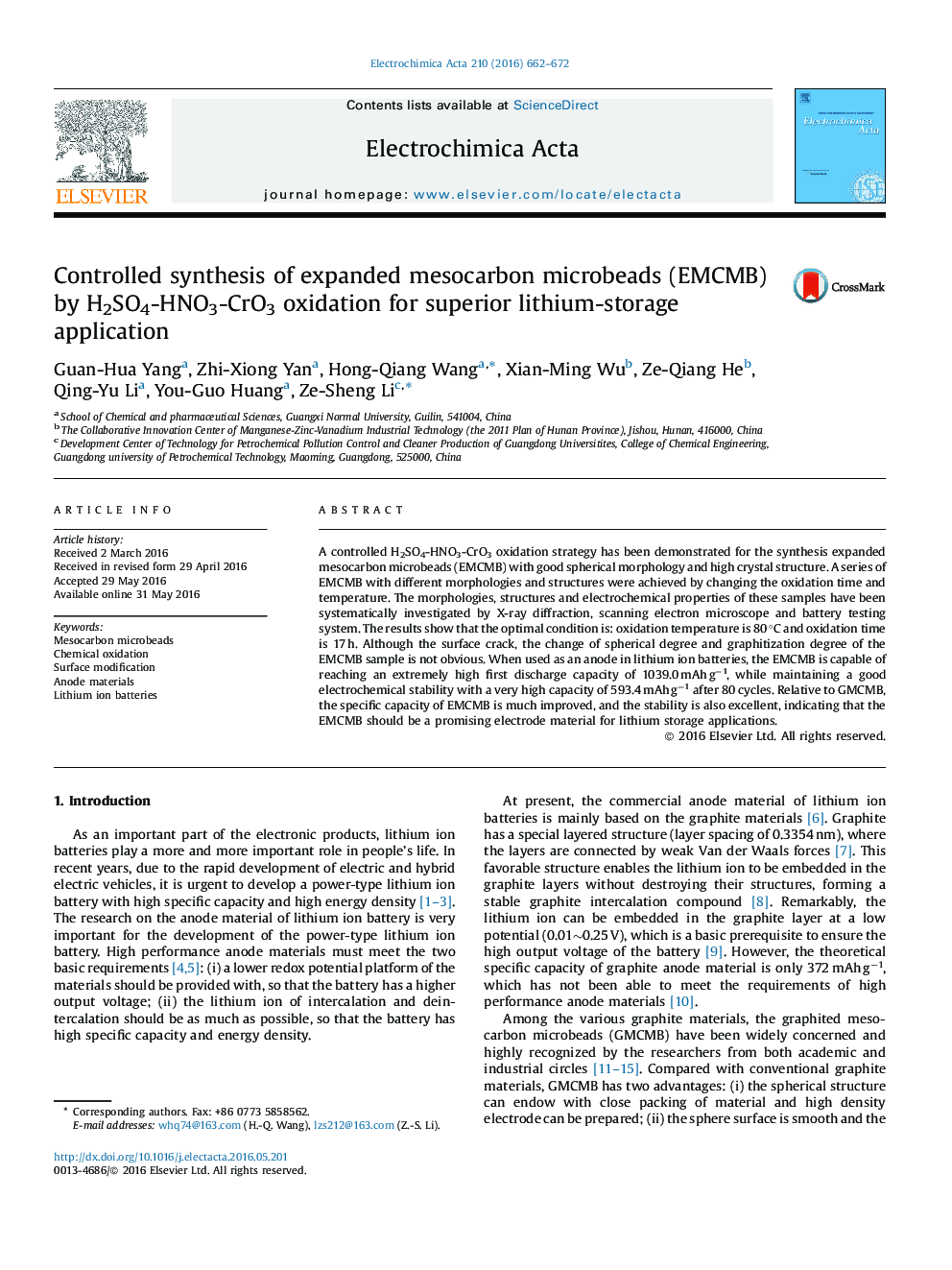 Controlled synthesis of expanded mesocarbon microbeads (EMCMB) by H2SO4-HNO3-CrO3 oxidation for superior lithium-storage application