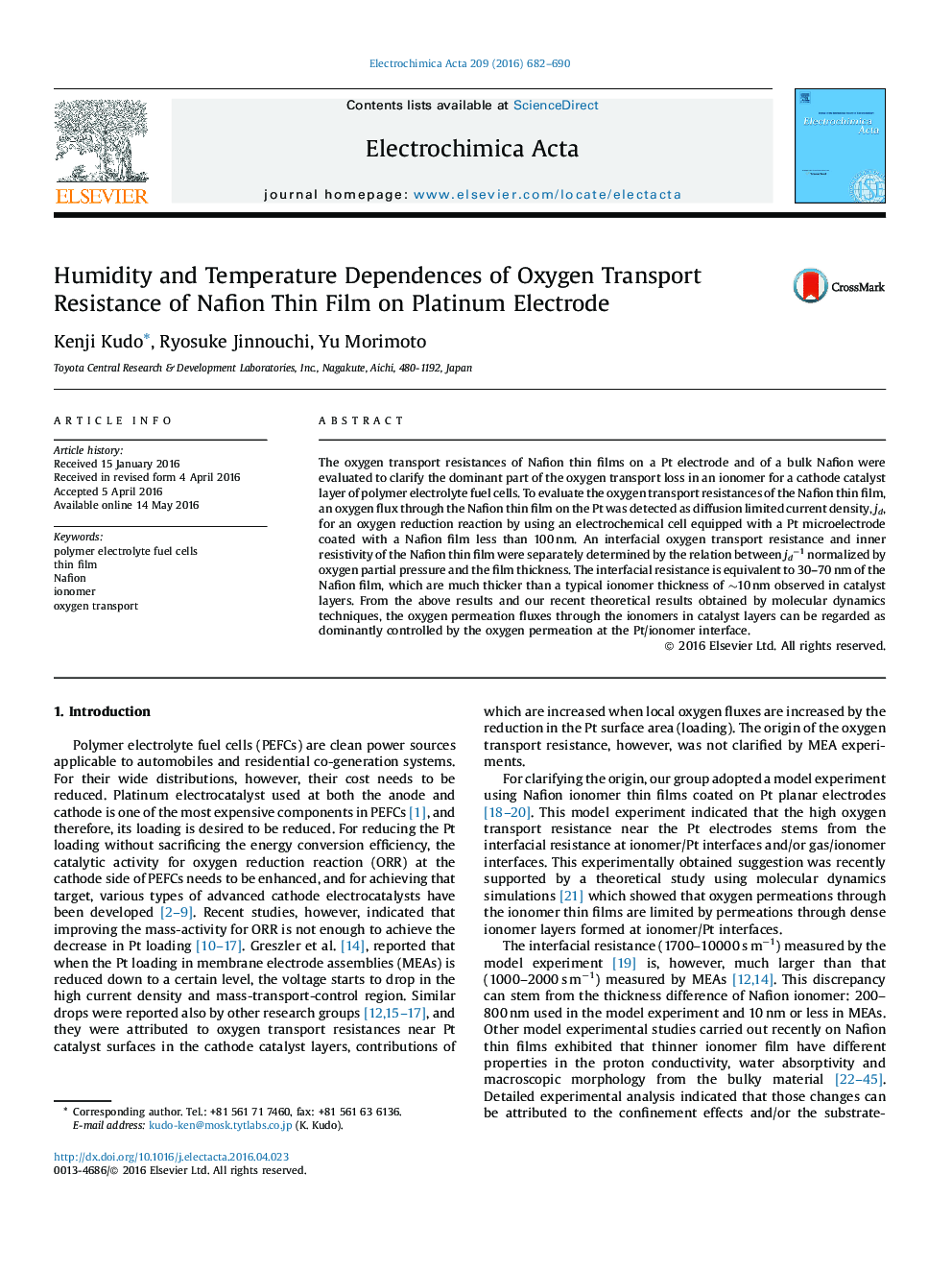 Humidity and Temperature Dependences of Oxygen Transport Resistance of Nafion Thin Film on Platinum Electrode