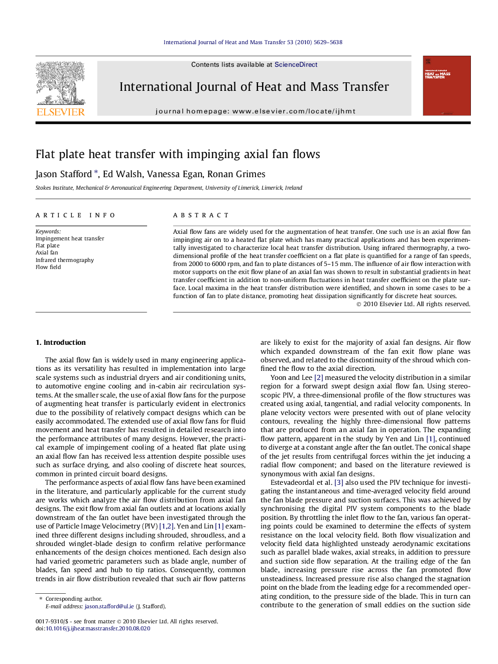 Flat plate heat transfer with impinging axial fan flows