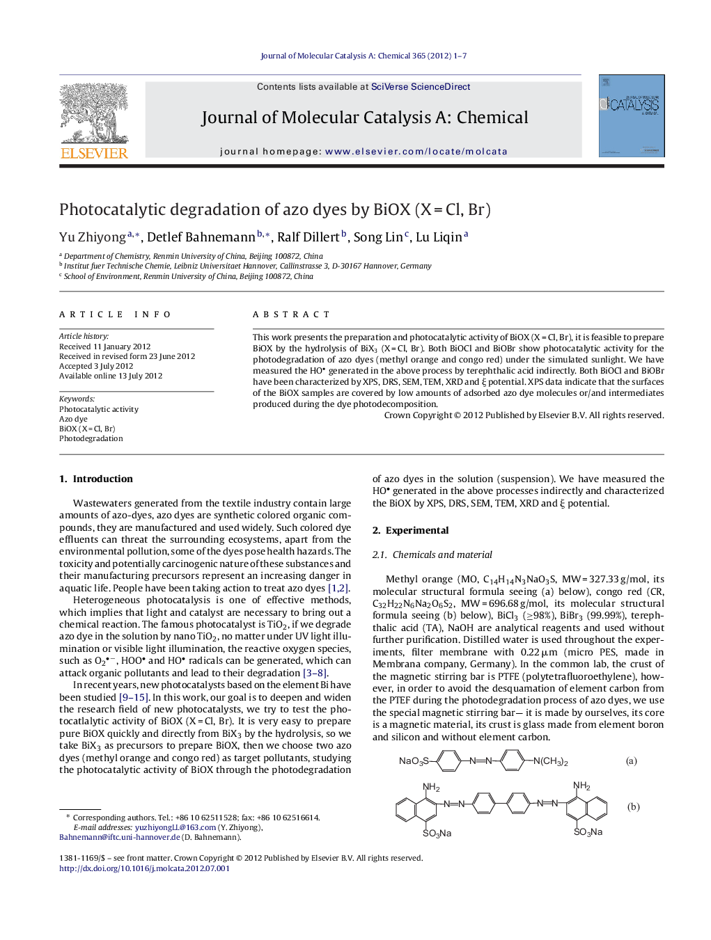 Photocatalytic degradation of azo dyes by BiOX (X = Cl, Br)