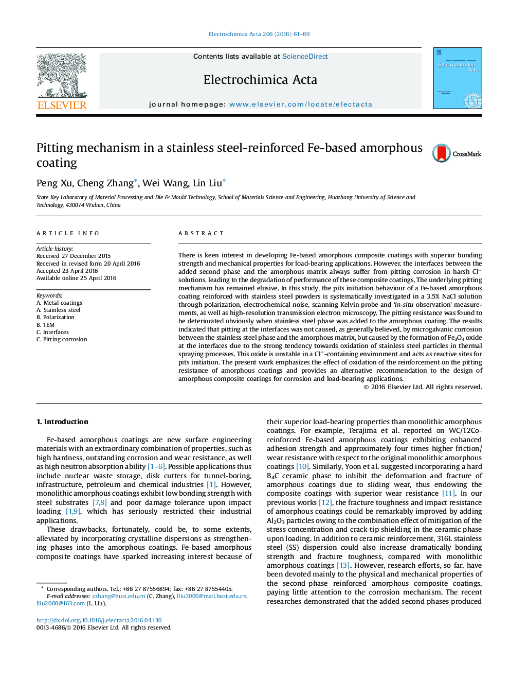 Pitting mechanism in a stainless steel-reinforced Fe-based amorphous coating