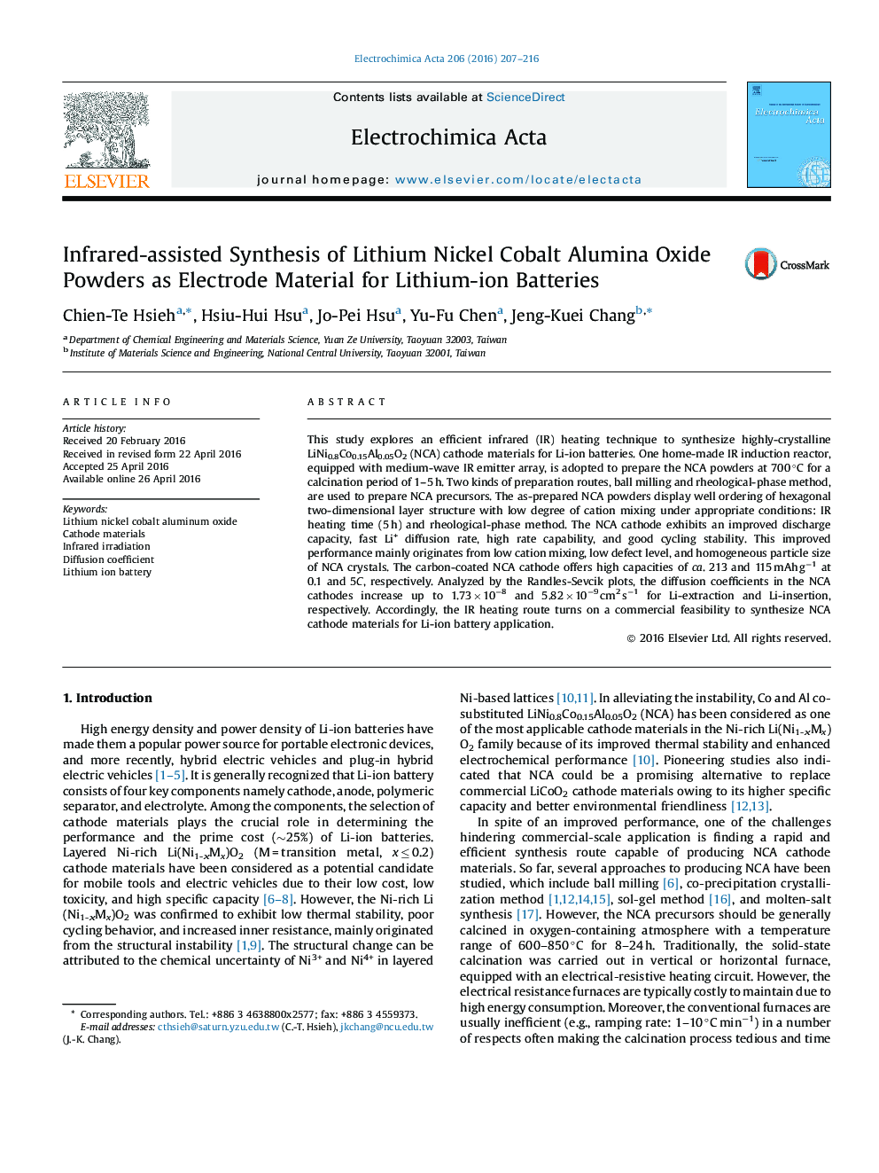 Infrared-assisted Synthesis of Lithium Nickel Cobalt Alumina Oxide Powders as Electrode Material for Lithium-ion Batteries