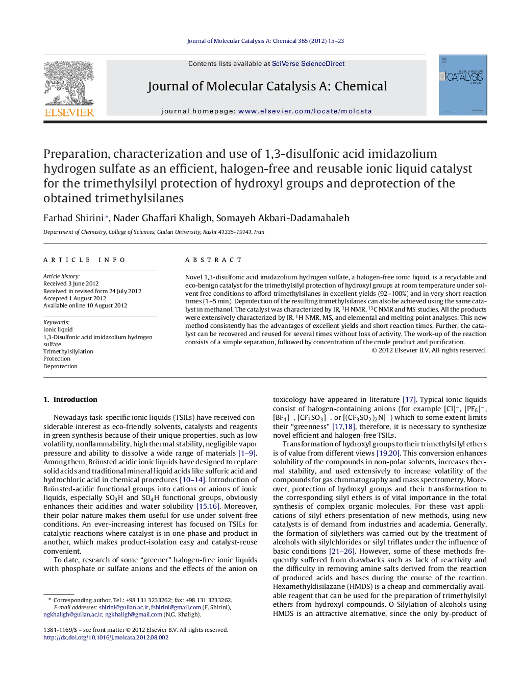 Preparation, characterization and use of 1,3-disulfonic acid imidazolium hydrogen sulfate as an efficient, halogen-free and reusable ionic liquid catalyst for the trimethylsilyl protection of hydroxyl groups and deprotection of the obtained trimethylsilan