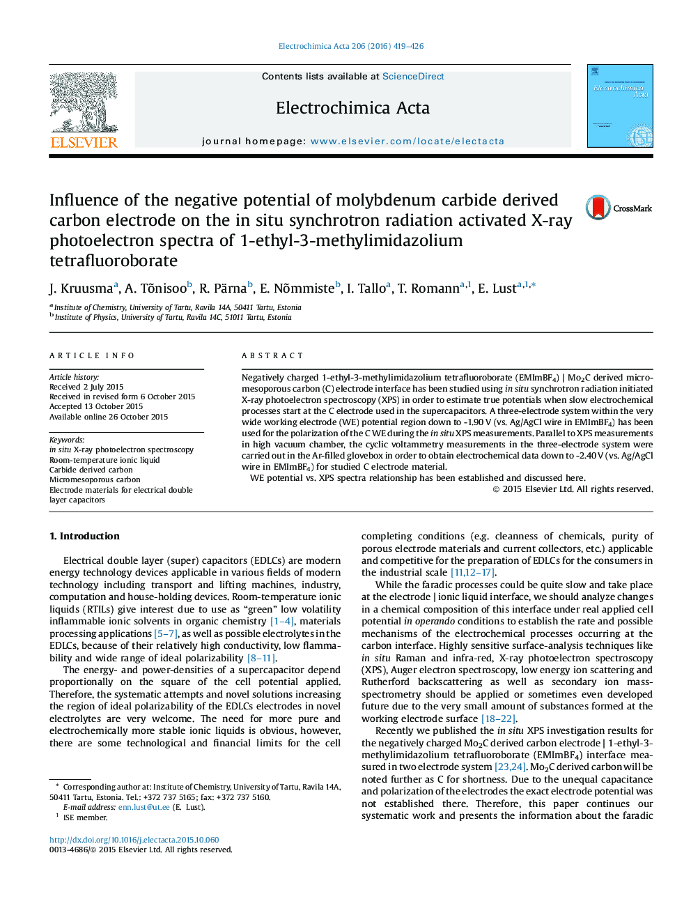 Influence of the negative potential of molybdenum carbide derived carbon electrode on the in situ synchrotron radiation activated X-ray photoelectron spectra of 1-ethyl-3-methylimidazolium tetrafluoroborate