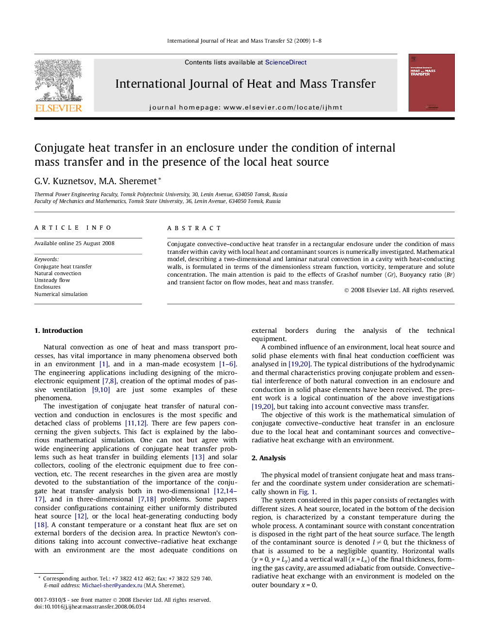 Conjugate heat transfer in an enclosure under the condition of internal mass transfer and in the presence of the local heat source