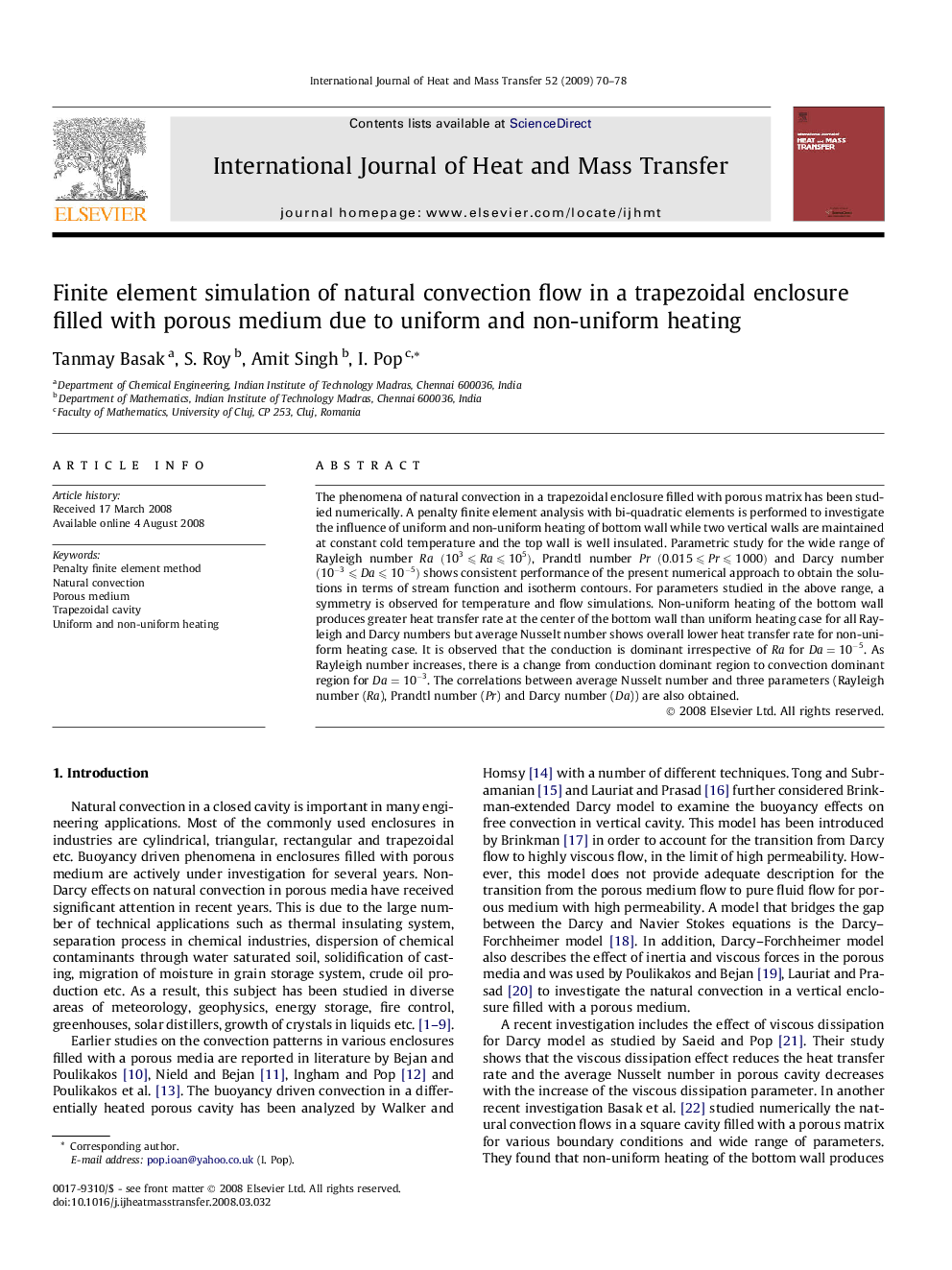 Finite element simulation of natural convection flow in a trapezoidal enclosure filled with porous medium due to uniform and non-uniform heating