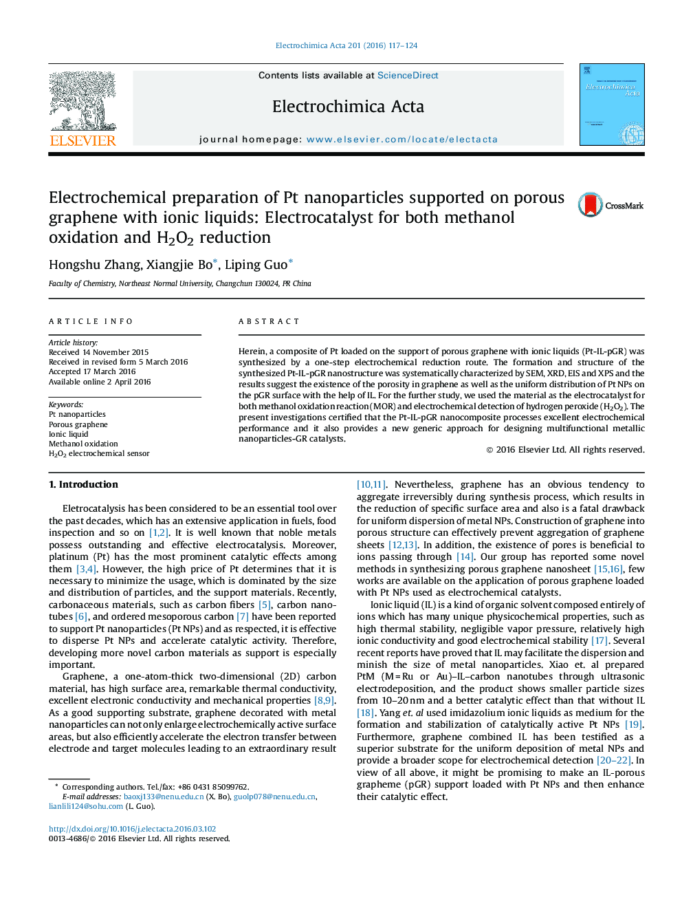 Electrochemical preparation of Pt nanoparticles supported on porous graphene with ionic liquids: Electrocatalyst for both methanol oxidation and H2O2 reduction