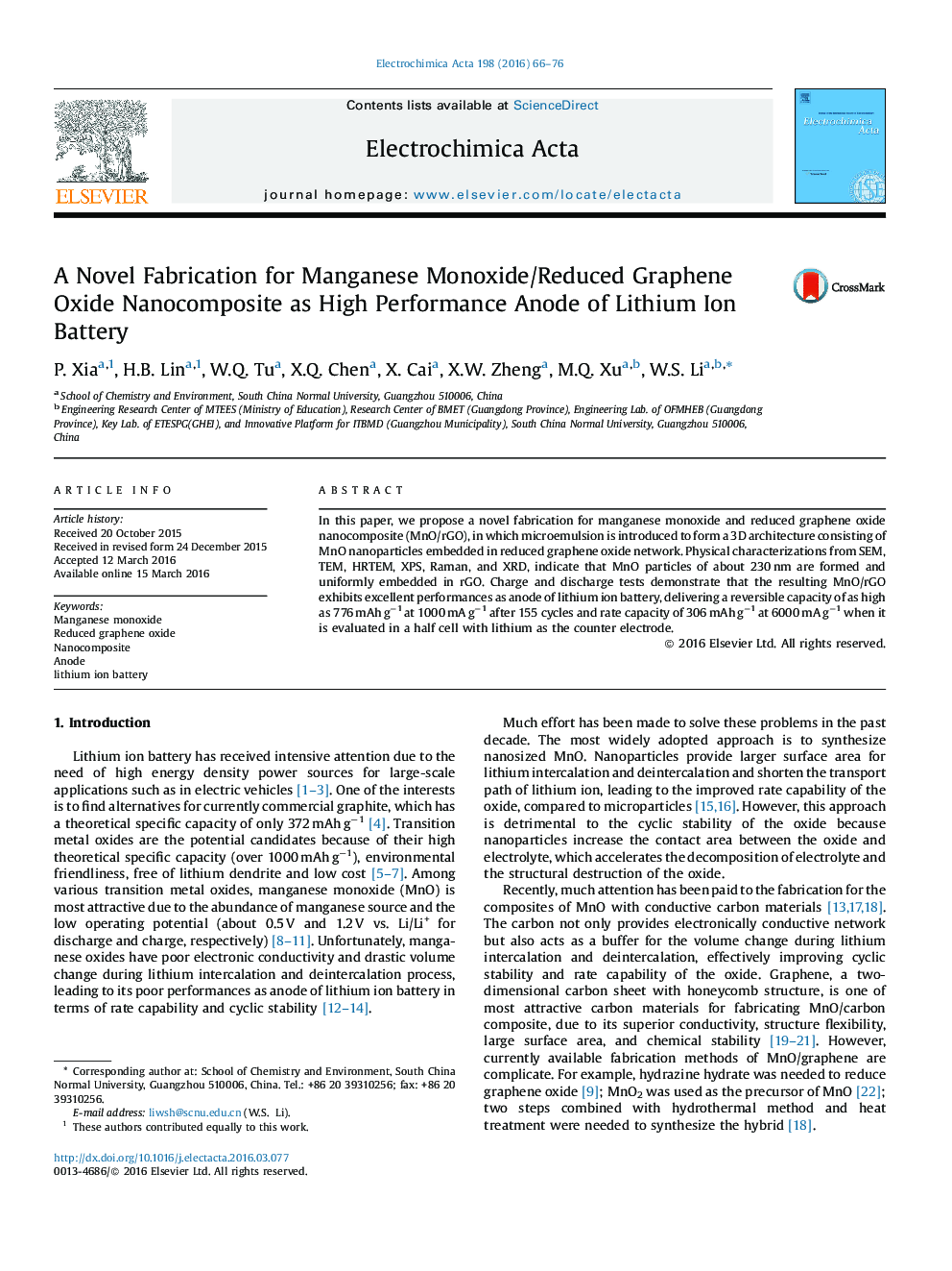 A Novel Fabrication for Manganese Monoxide/Reduced Graphene Oxide Nanocomposite as High Performance Anode of Lithium Ion Battery