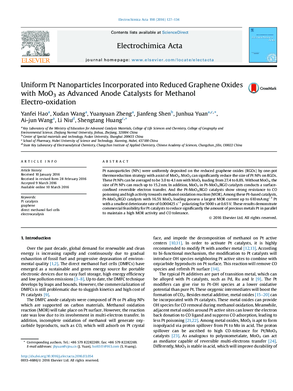 Uniform Pt Nanoparticles Incorporated into Reduced Graphene Oxides with MoO3 as Advanced Anode Catalysts for Methanol Electro-oxidation