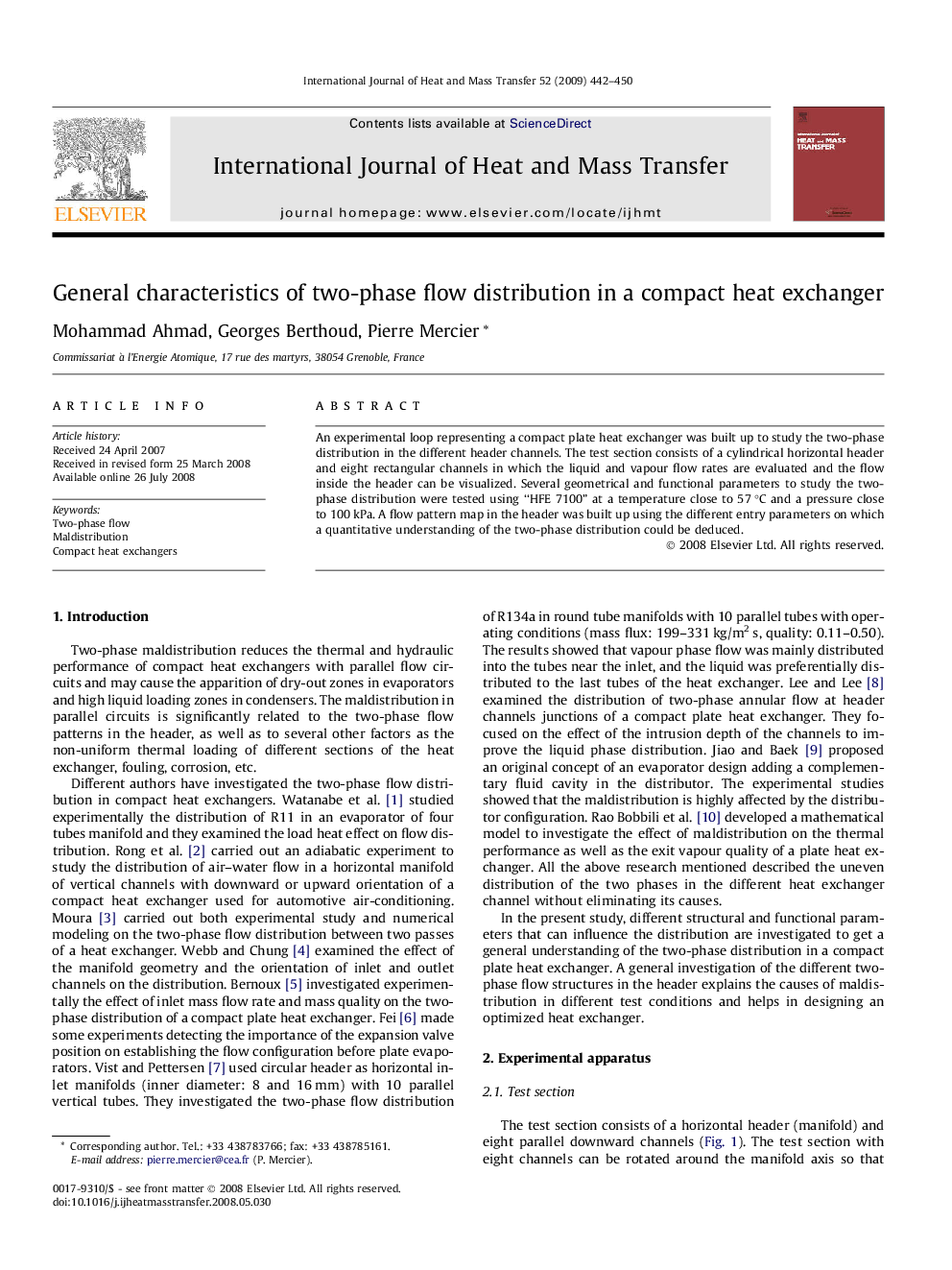 عکس صفحه اول مقاله: General characteristics of two-phase flow distribution in a compact heat exchanger General characteristics of two-phase flow distribution in a compact heat exchanger