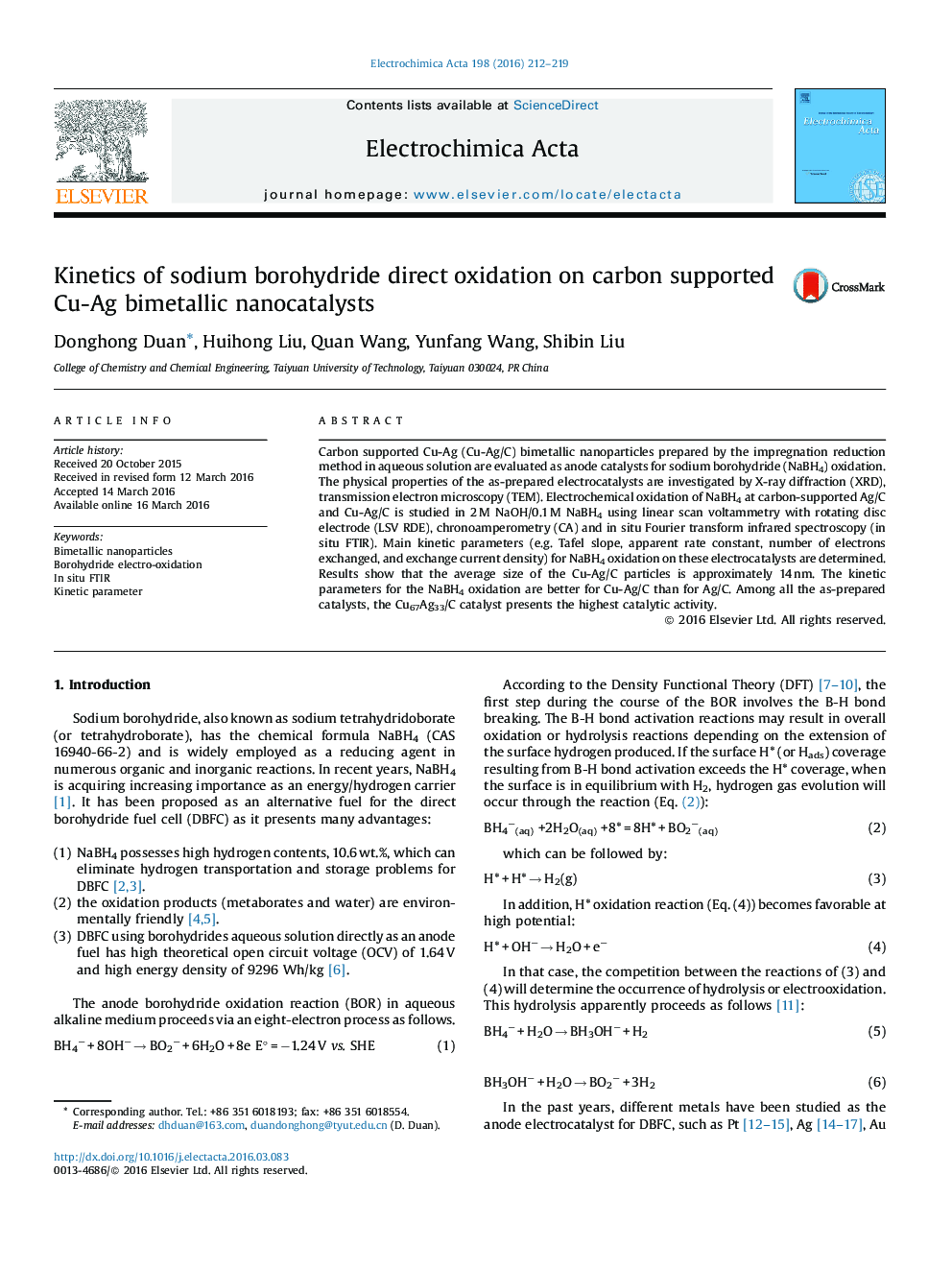 Kinetics of sodium borohydride direct oxidation on carbon supported Cu-Ag bimetallic nanocatalysts