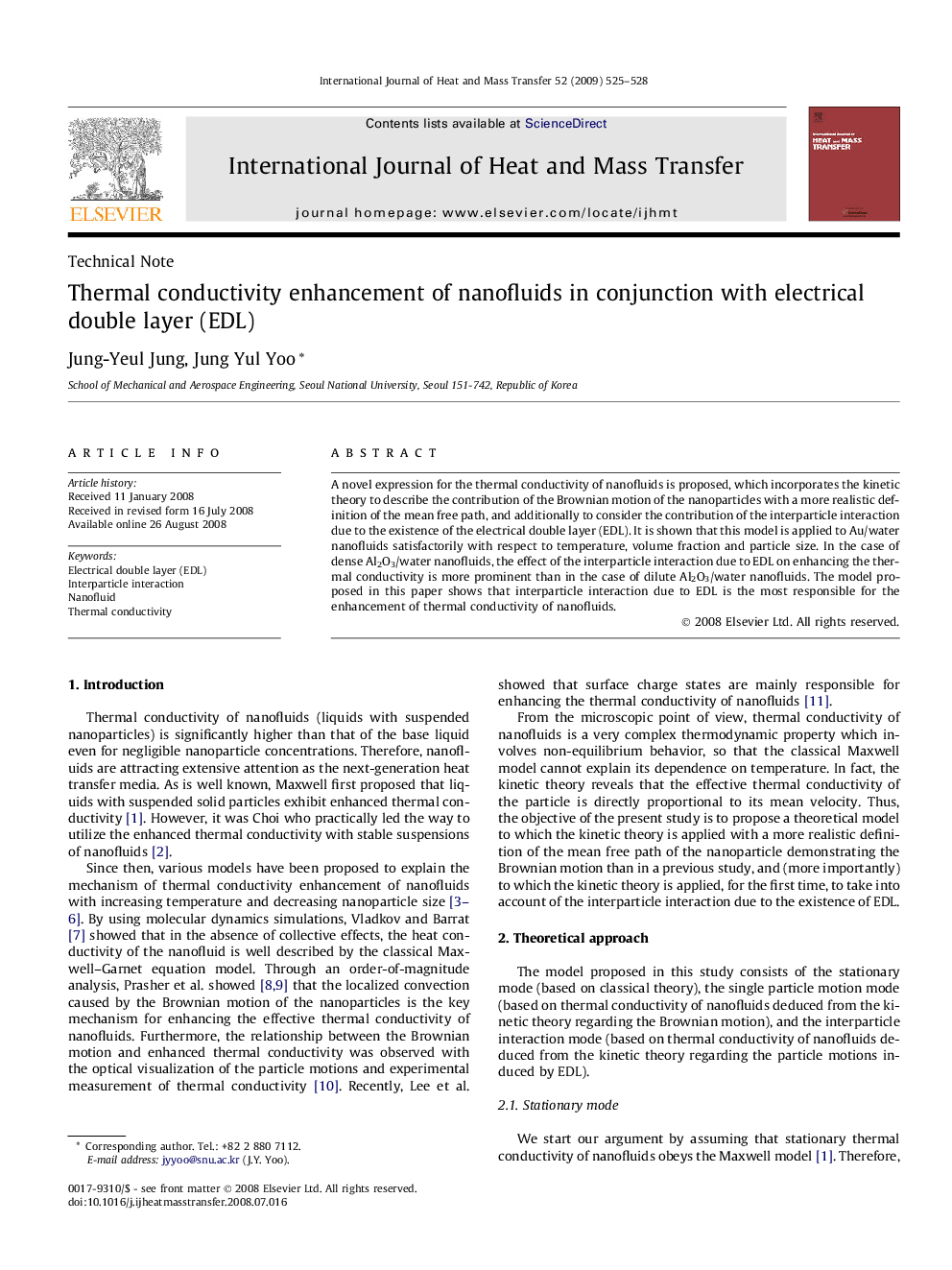 Thermal conductivity enhancement of nanofluids in conjunction with electrical double layer (EDL)