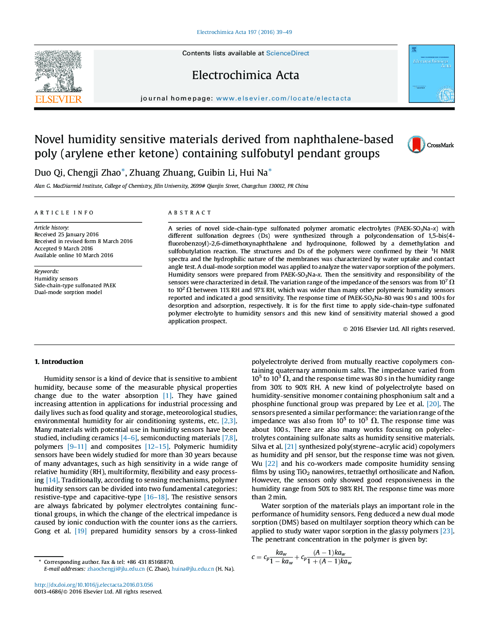 Novel humidity sensitive materials derived from naphthalene-based poly (arylene ether ketone) containing sulfobutyl pendant groups