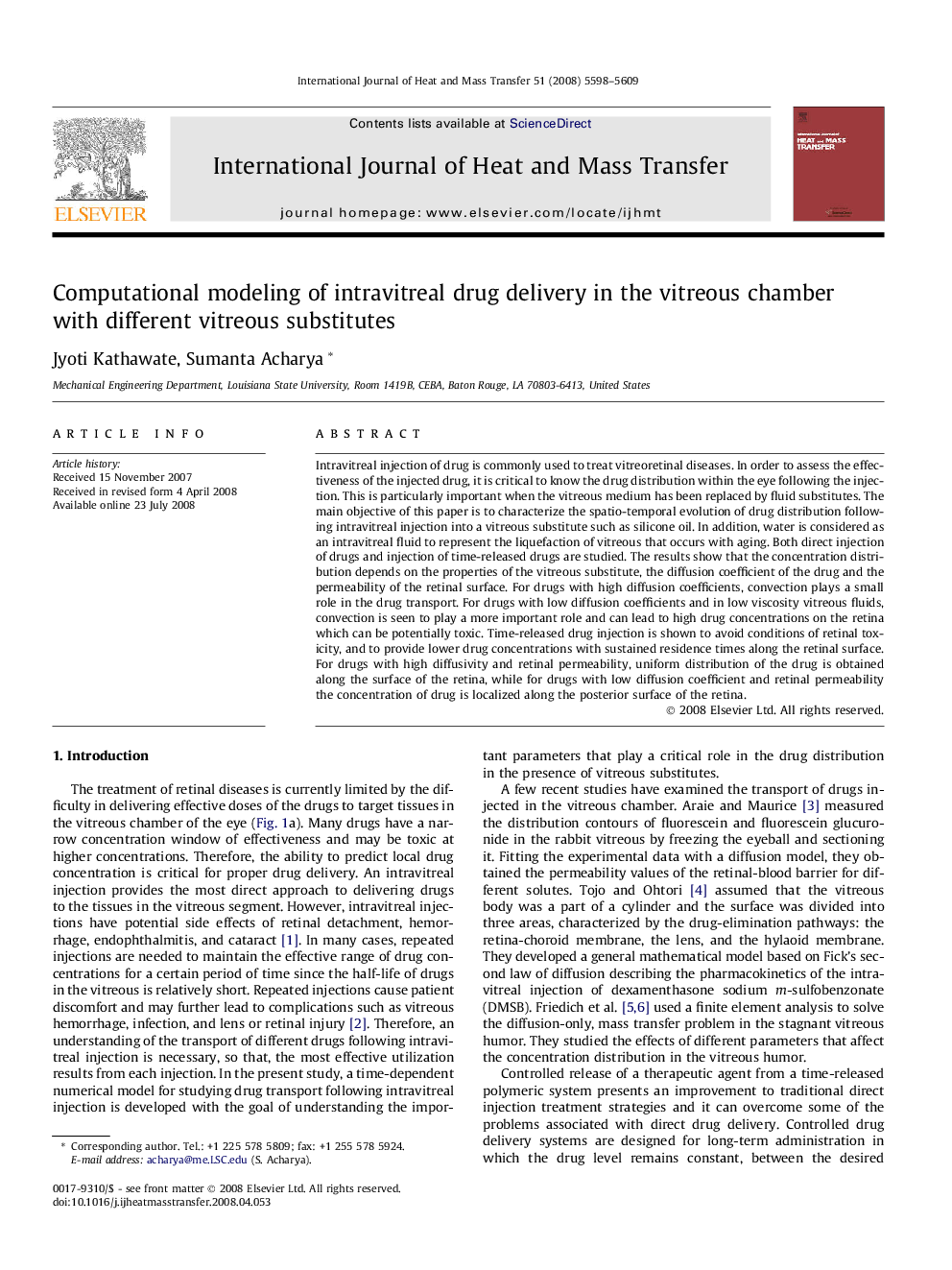 Computational modeling of intravitreal drug delivery in the vitreous chamber with different vitreous substitutes