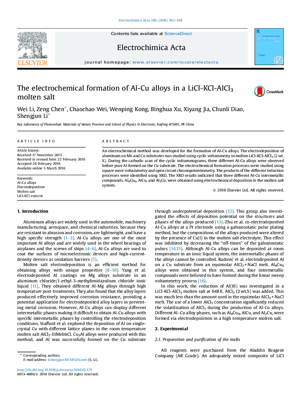 The electrochemical formation of Al-Cu alloys in a LiCl-KCl-AlCl3 molten salt