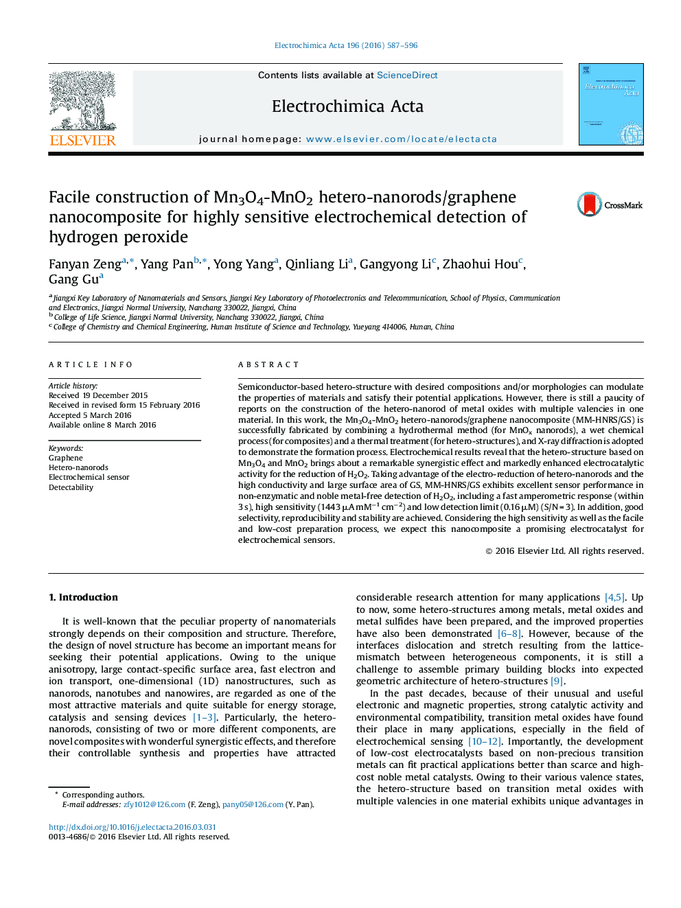 Facile construction of Mn3O4-MnO2 hetero-nanorods/graphene nanocomposite for highly sensitive electrochemical detection of hydrogen peroxide