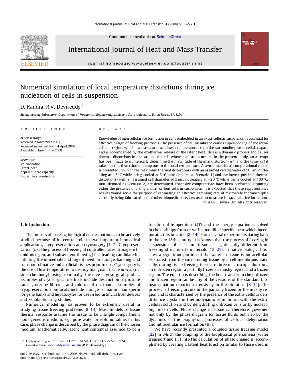 Numerical simulation of local temperature distortions during ice nucleation of cells in suspension