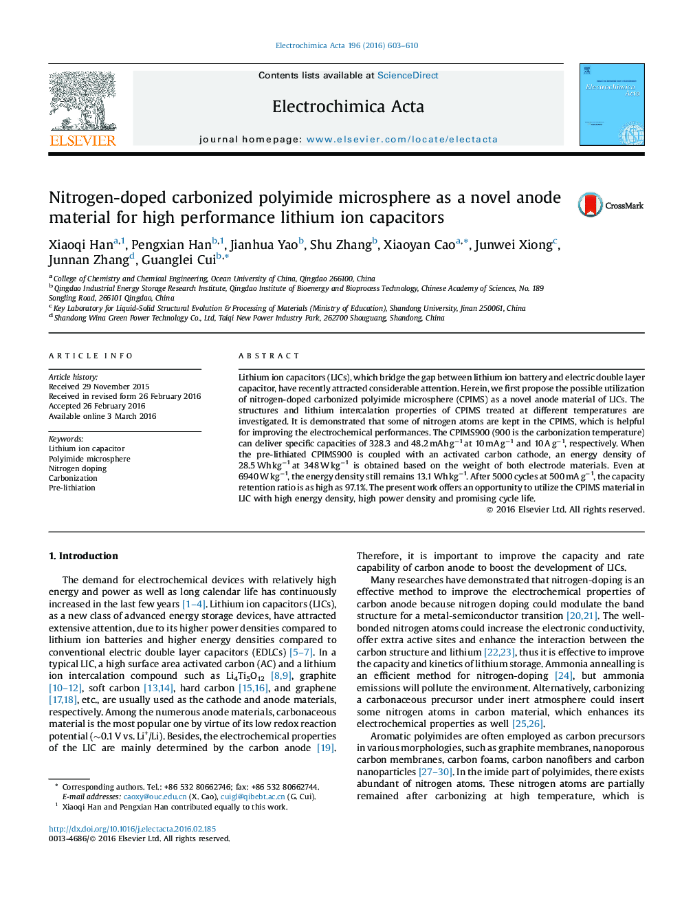 Nitrogen-doped carbonized polyimide microsphere as a novel anode material for high performance lithium ion capacitors