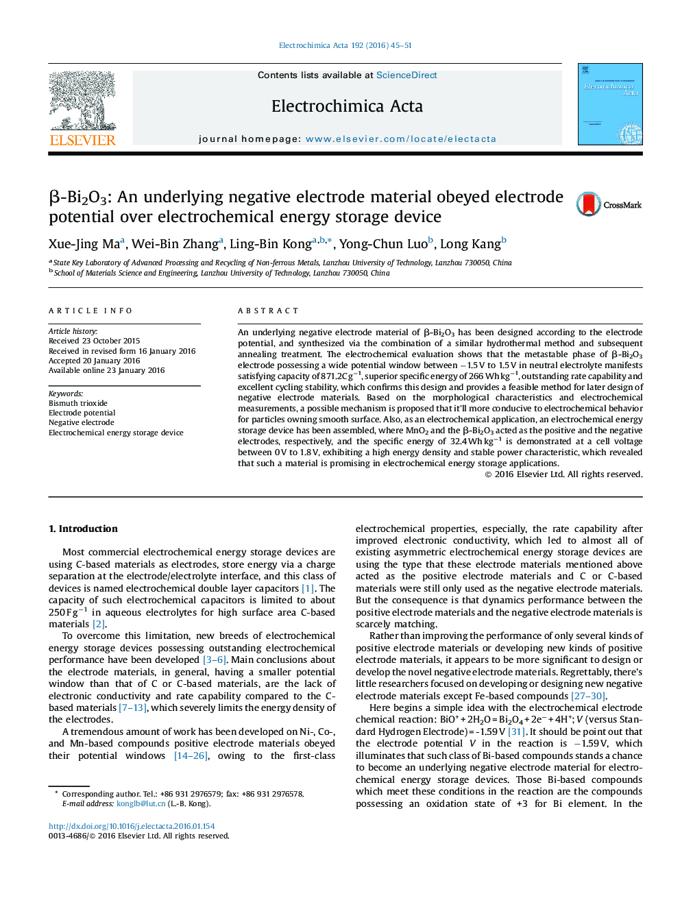 Î²-Bi2O3: An underlying negative electrode material obeyed electrode potential over electrochemical energy storage device