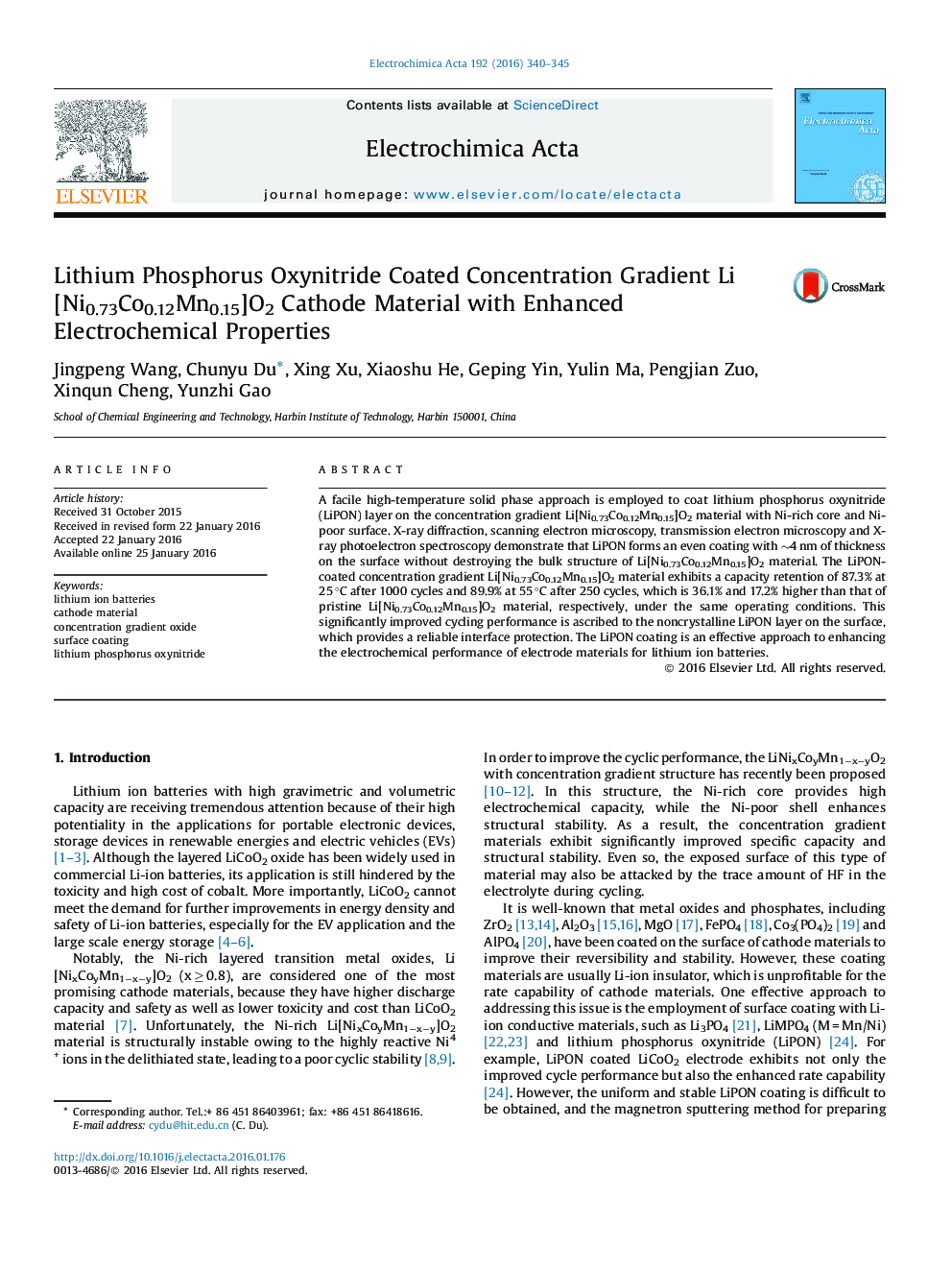 Lithium Phosphorus Oxynitride Coated Concentration Gradient Li[Ni0.73Co0.12Mn0.15]O2 Cathode Material with Enhanced Electrochemical Properties