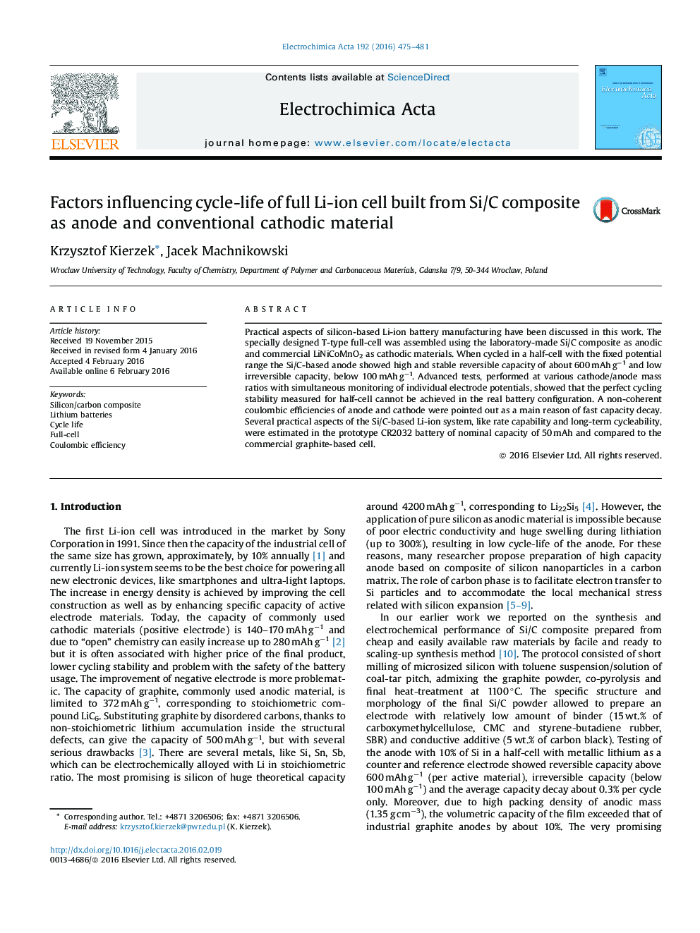 Factors influencing cycle-life of full Li-ion cell built from Si/C composite as anode and conventional cathodic material