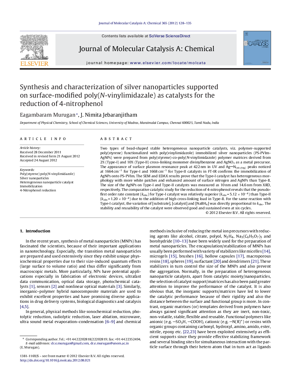 Synthesis and characterization of silver nanoparticles supported on surface-modified poly(N-vinylimidazale) as catalysts for the reduction of 4-nitrophenol