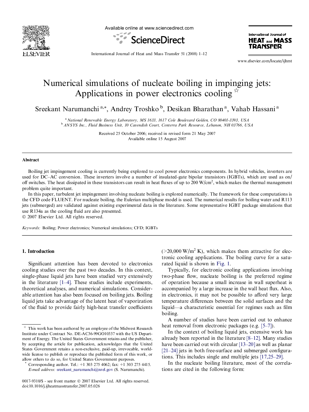 Numerical simulations of nucleate boiling in impinging jets: Applications in power electronics cooling 