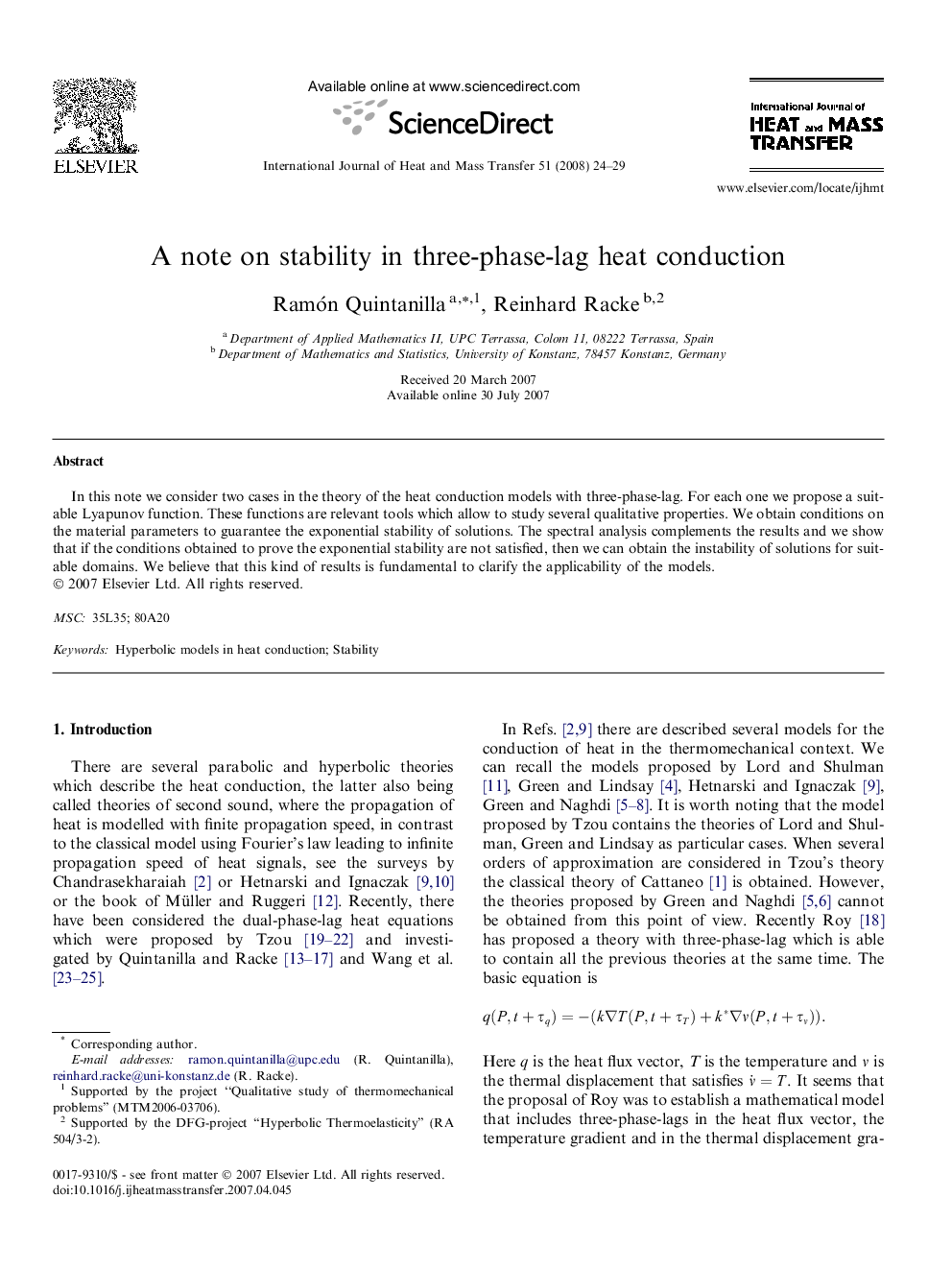 A note on stability in three-phase-lag heat conduction