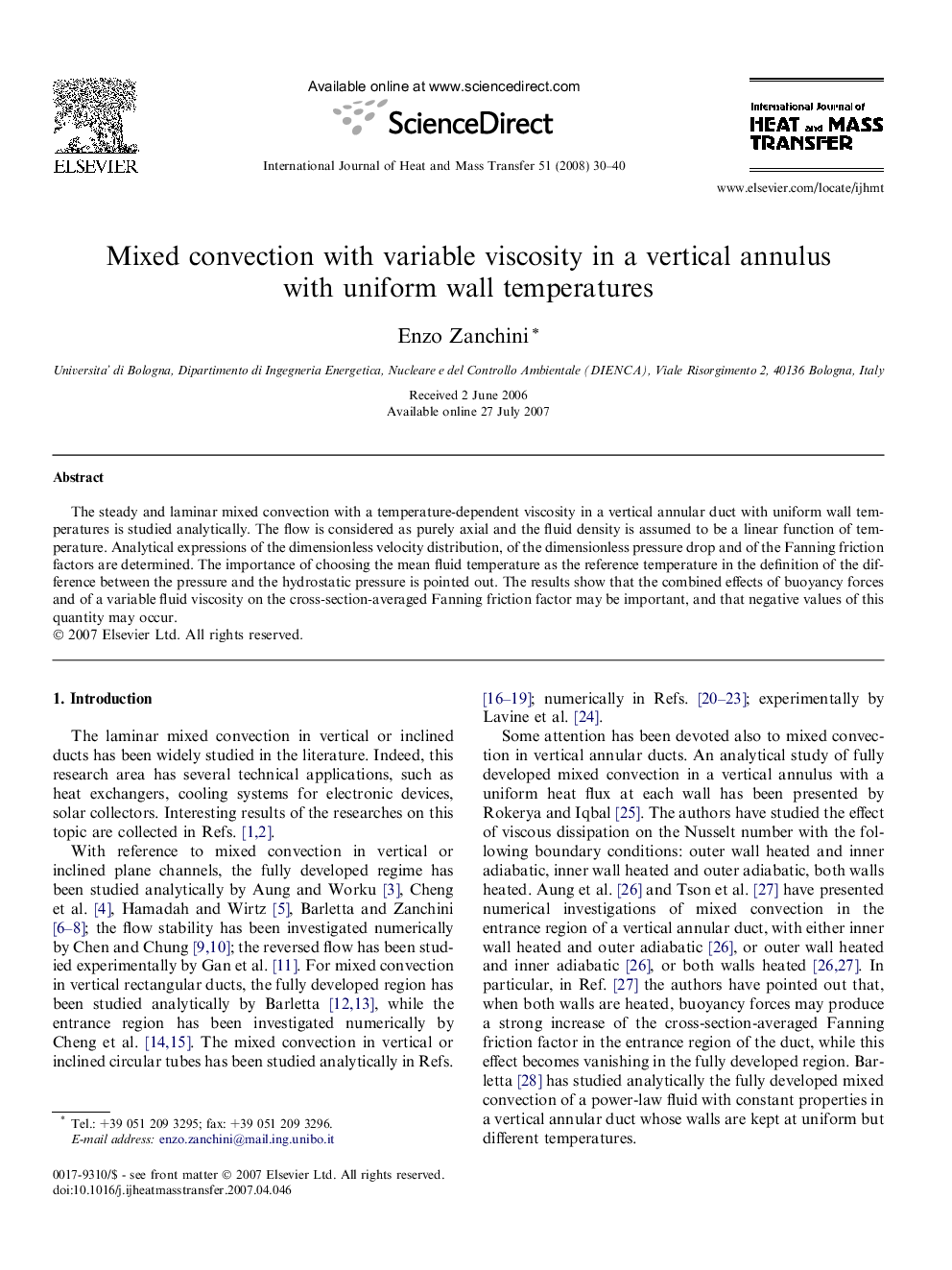 Mixed convection with variable viscosity in a vertical annulus with uniform wall temperatures