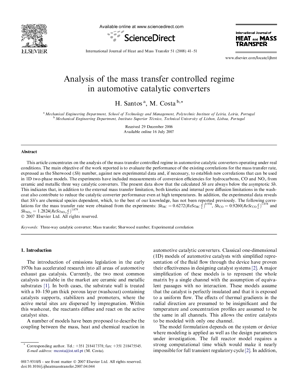 Analysis of the mass transfer controlled regime in automotive catalytic converters