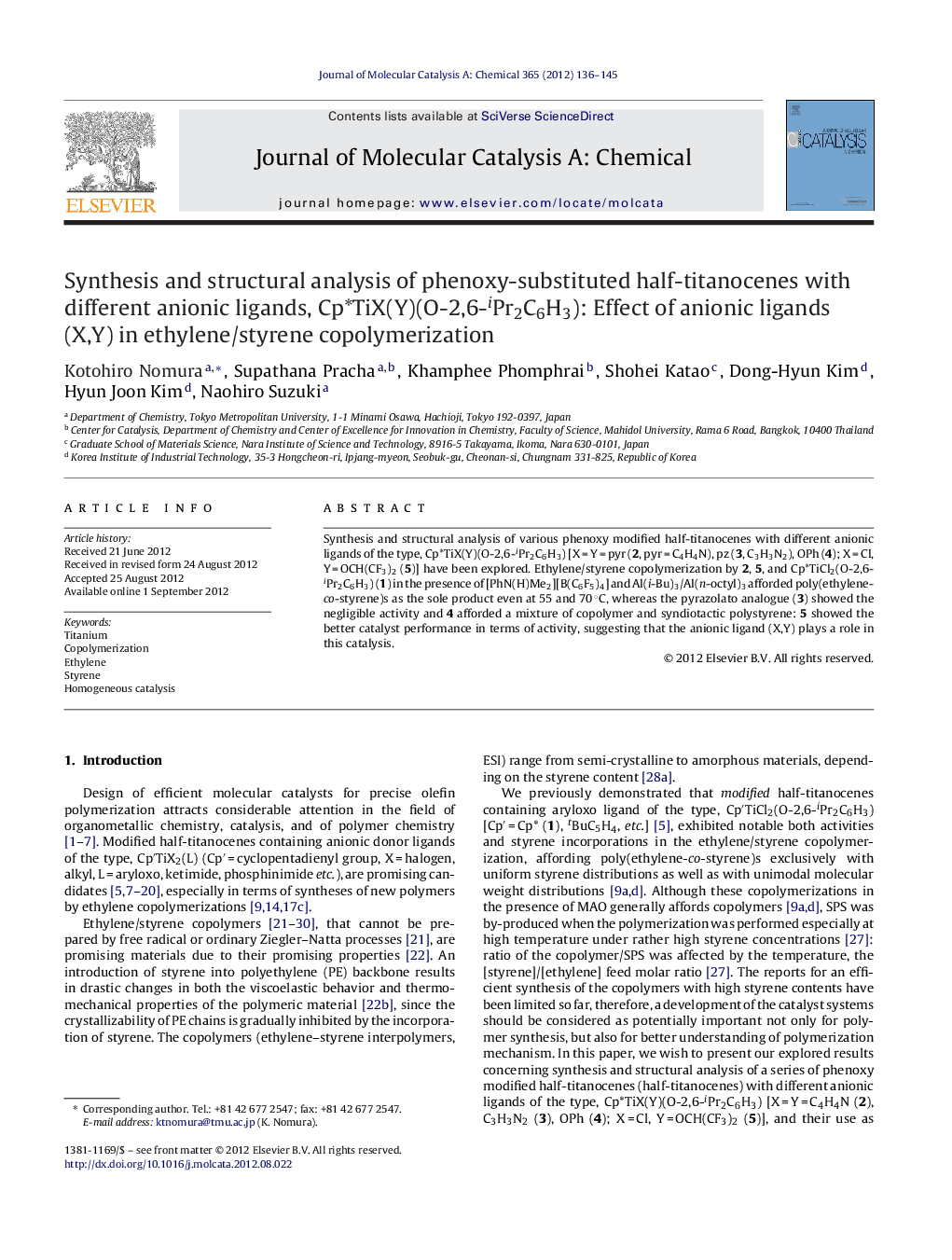 Synthesis and structural analysis of phenoxy-substituted half-titanocenes with different anionic ligands, Cp*TiX(Y)(O-2,6-iPr2C6H3): Effect of anionic ligands (X,Y) in ethylene/styrene copolymerization