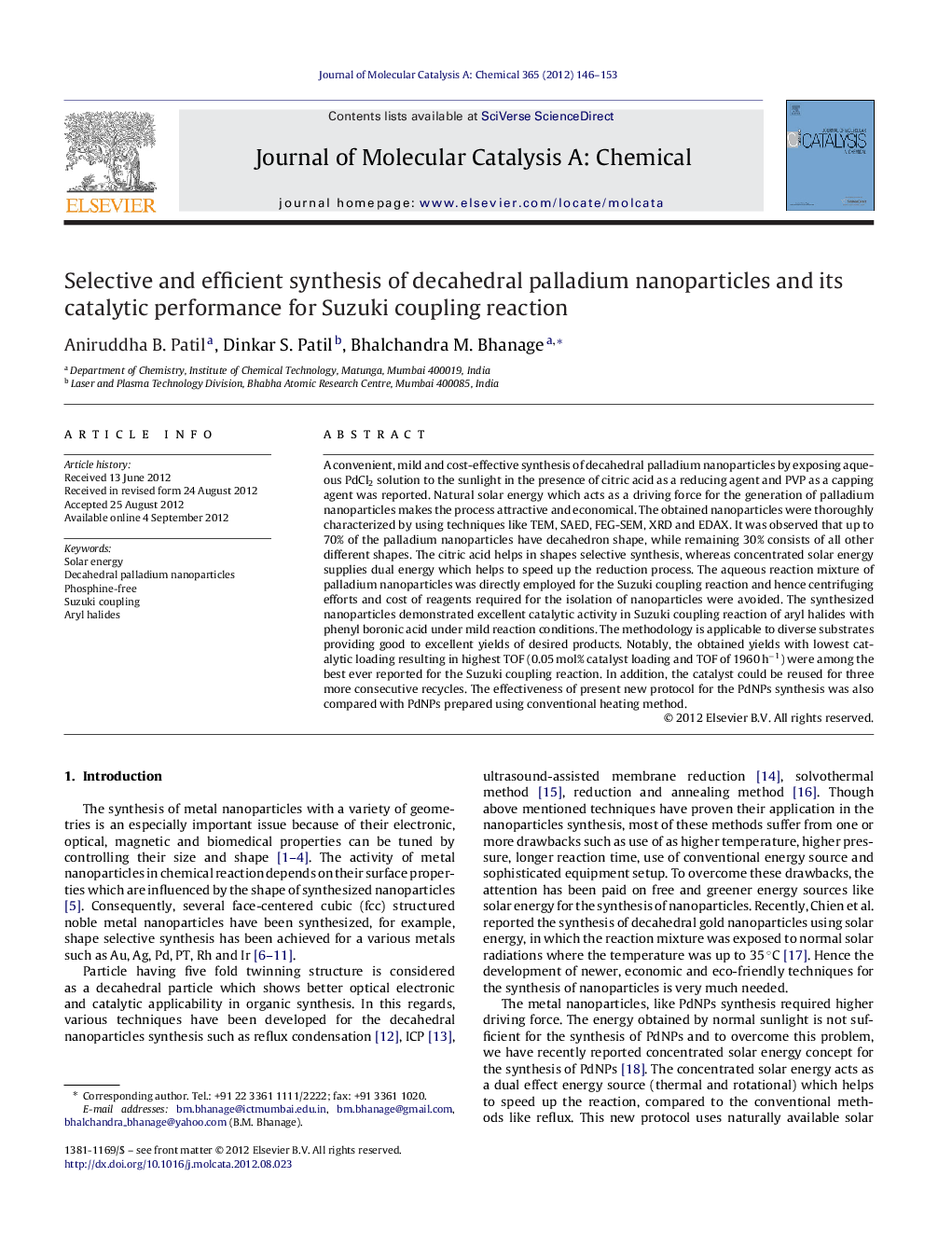 Selective and efficient synthesis of decahedral palladium nanoparticles and its catalytic performance for Suzuki coupling reaction