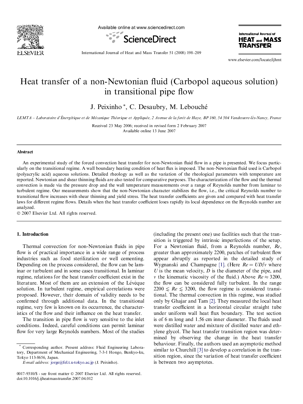Heat transfer of a non-Newtonian fluid (Carbopol aqueous solution) in transitional pipe flow