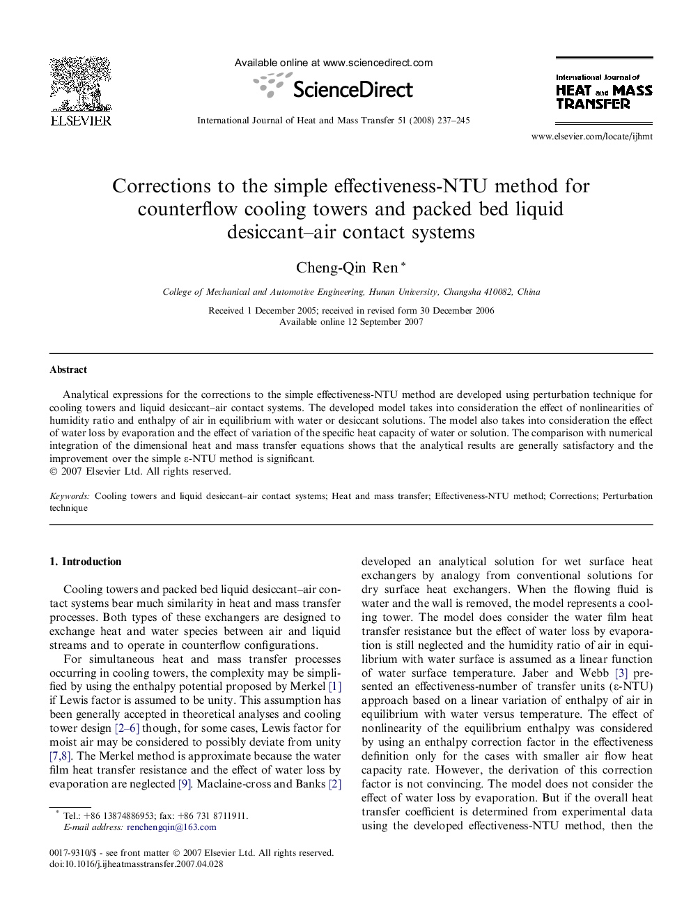 Corrections to the simple effectiveness-NTU method for counterflow cooling towers and packed bed liquid desiccant–air contact systems