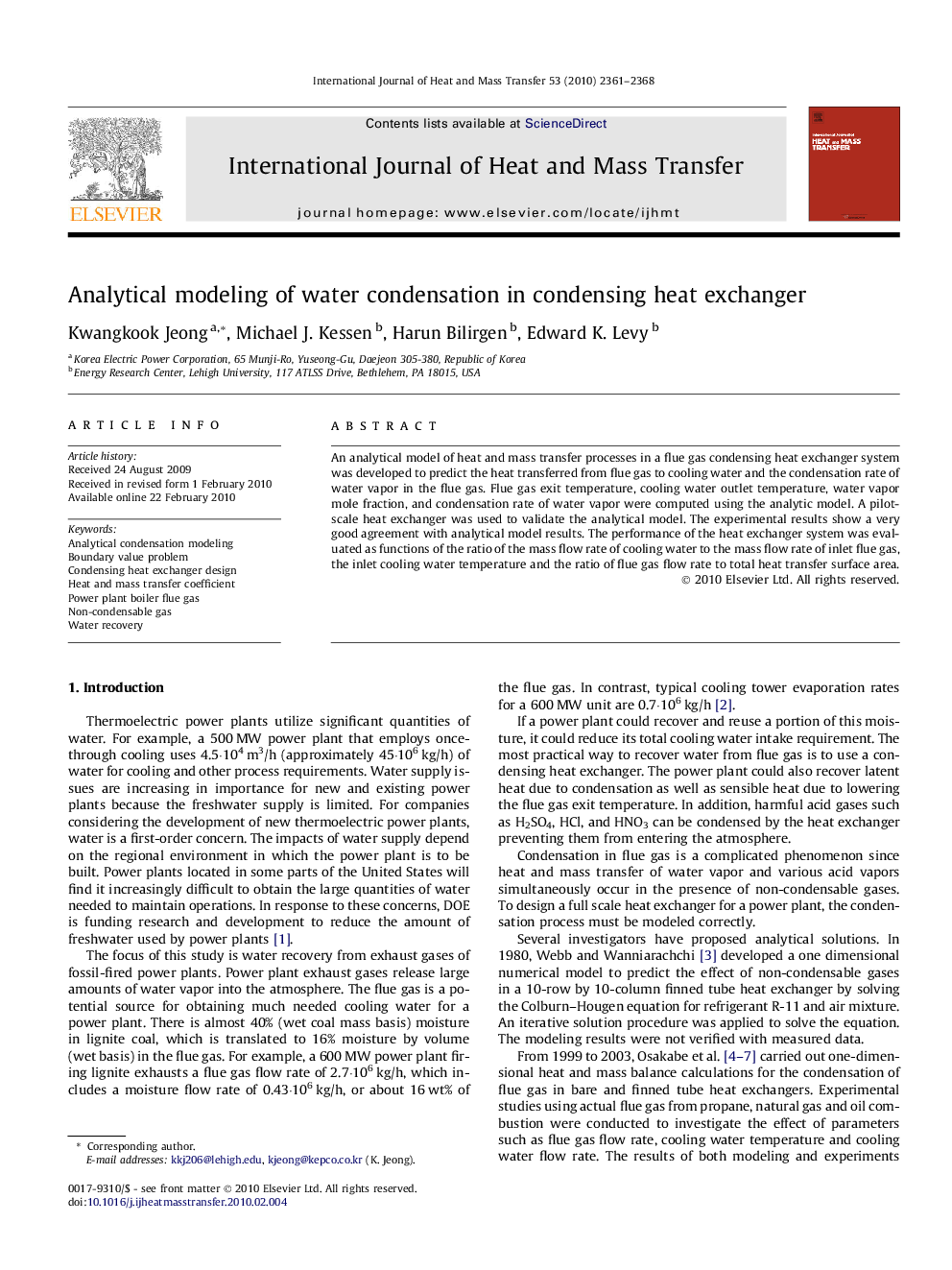 Analytical modeling of water condensation in condensing heat exchanger