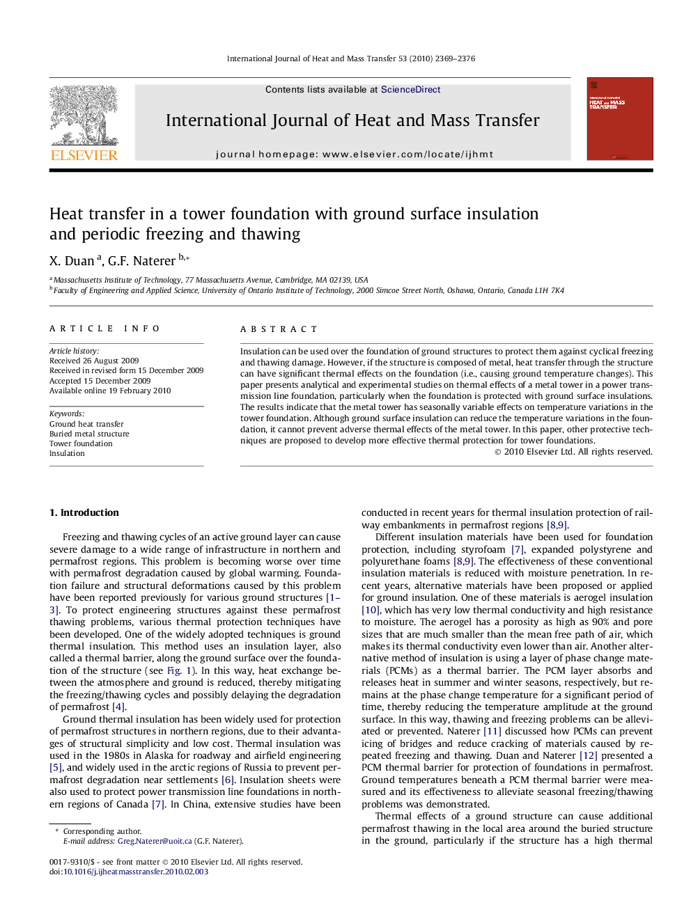 Heat transfer in a tower foundation with ground surface insulation and periodic freezing and thawing