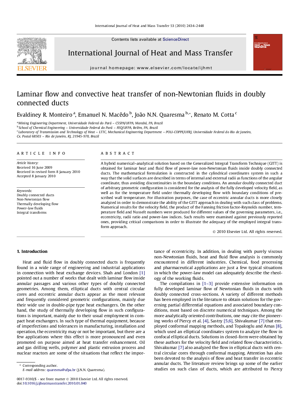 Laminar flow and convective heat transfer of non-Newtonian fluids in doubly connected ducts