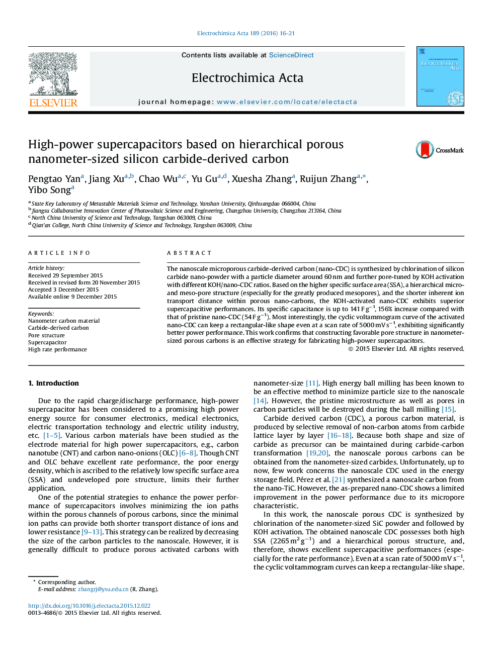 High-power supercapacitors based on hierarchical porous nanometer-sized silicon carbide-derived carbon