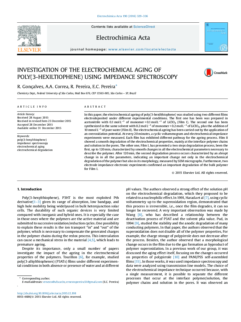بررسی پیرایش الکتروشیمیایی پلی (3-هگزیلتیوفن) با استفاده از اسپکتروسکوپ ایمپدی 