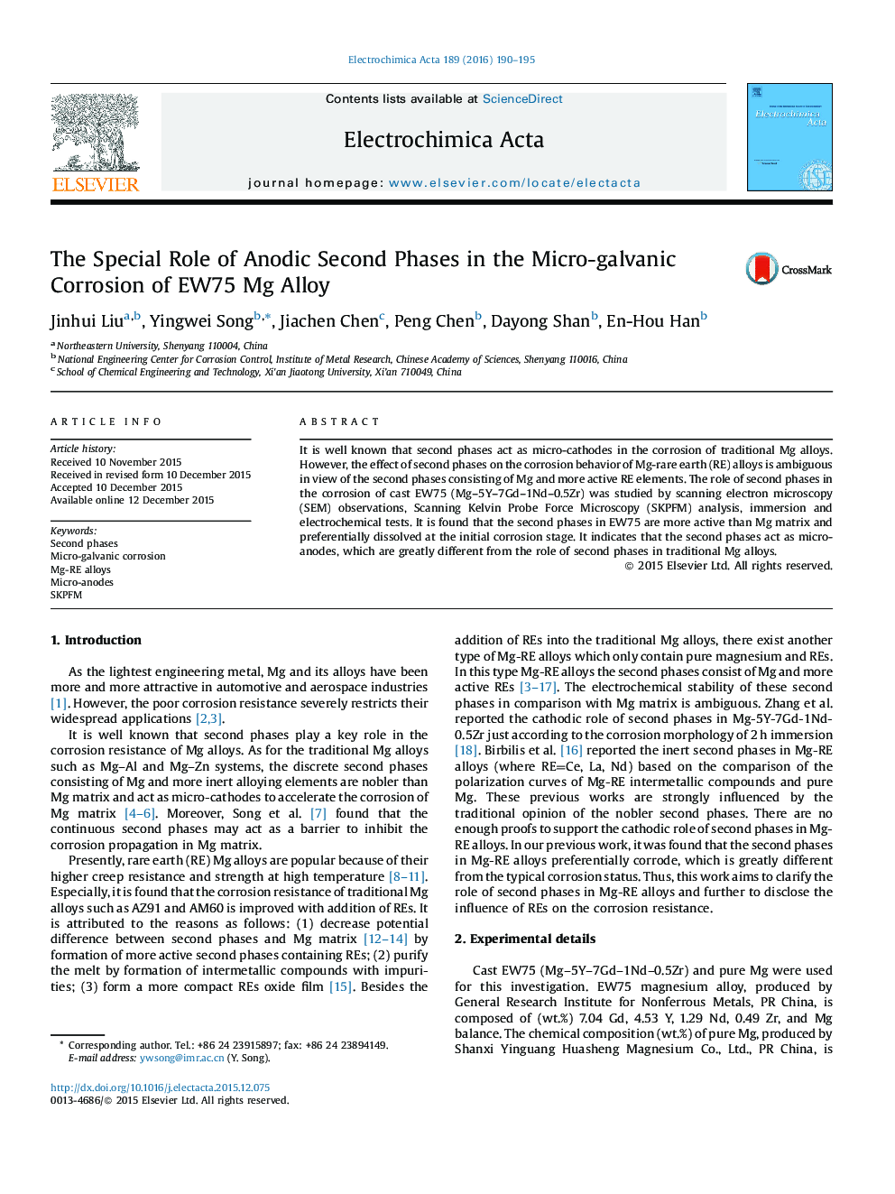 The Special Role of Anodic Second Phases in the Micro-galvanic Corrosion of EW75 Mg Alloy