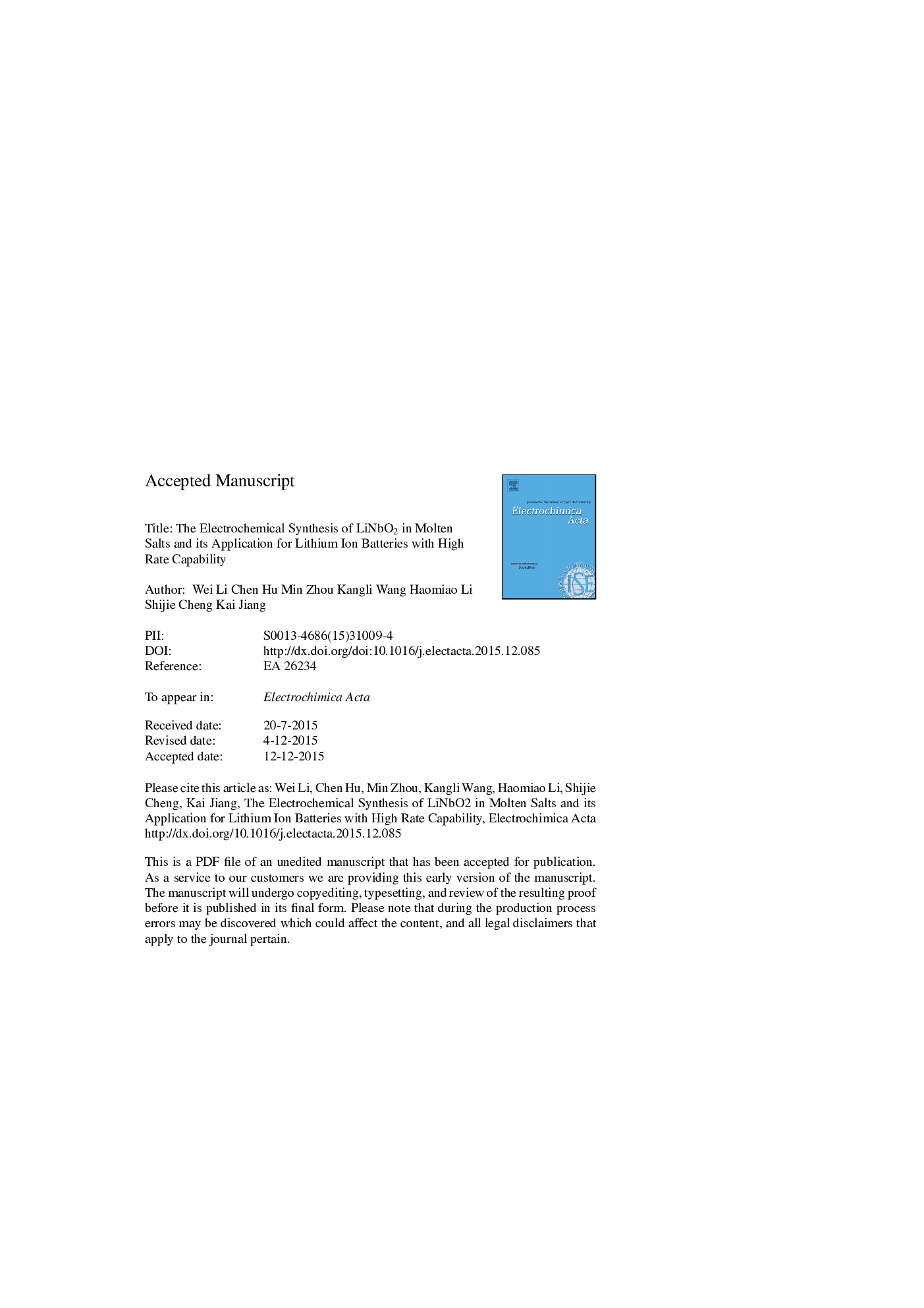 عکس صفحه اول مقاله: The Electrochemical Synthesis of LiNbO2 in Molten Salts and its Application for Lithium Ion Batteries with High Rate Capability The Electrochemical Synthesis of LiNbO2 in Molten Salts and its Application for Lithium Ion Batteries with High Rate Capability