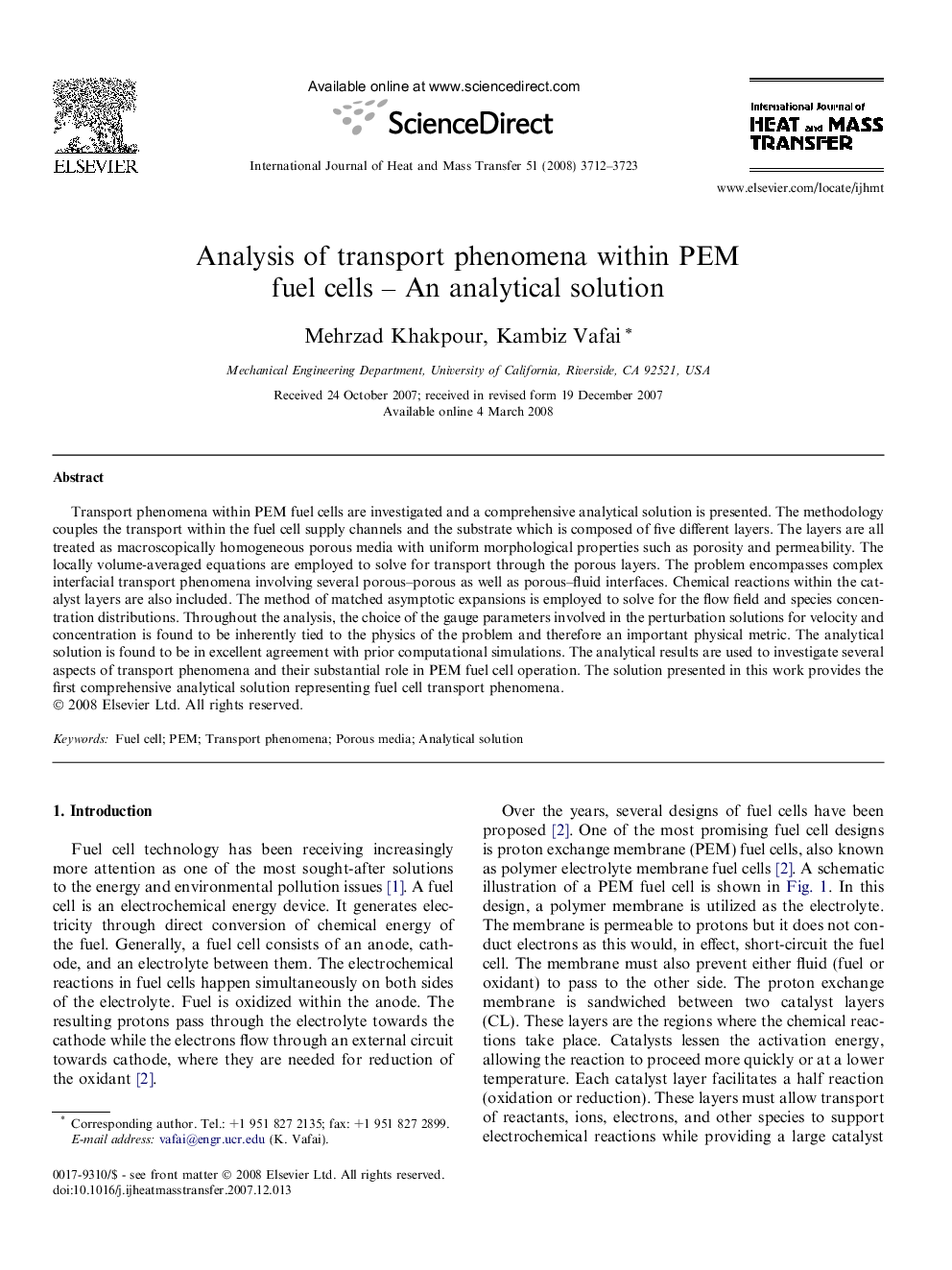 Analysis of transport phenomena within PEM fuel cells – An analytical solution