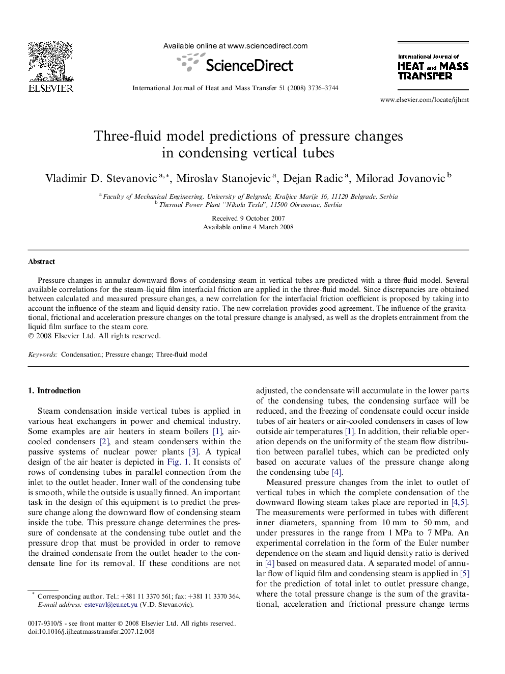Three-fluid model predictions of pressure changes in condensing vertical tubes