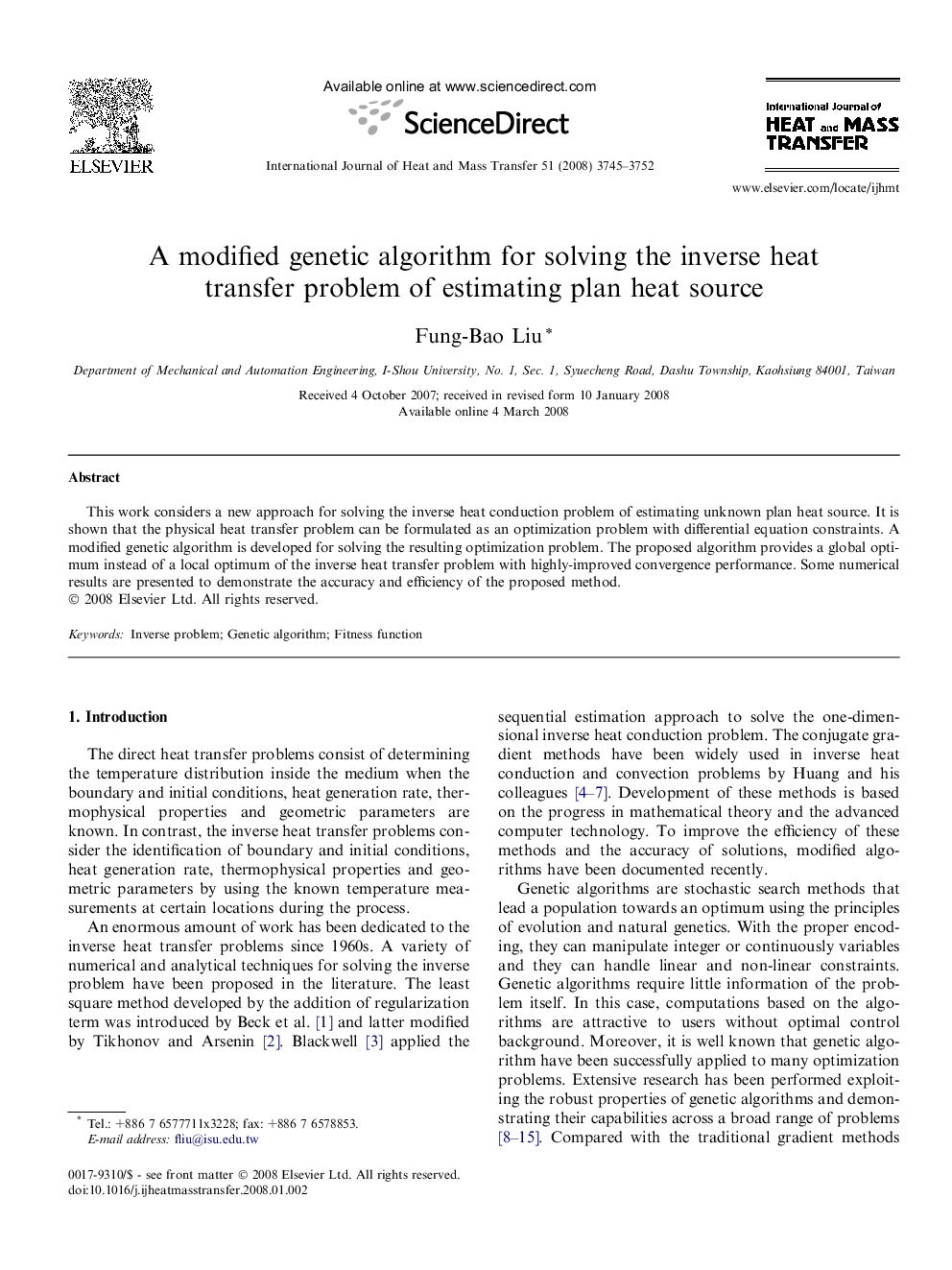 A modified genetic algorithm for solving the inverse heat transfer problem of estimating plan heat source