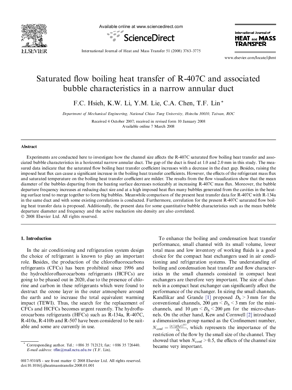 Saturated flow boiling heat transfer of R-407C and associated bubble characteristics in a narrow annular duct