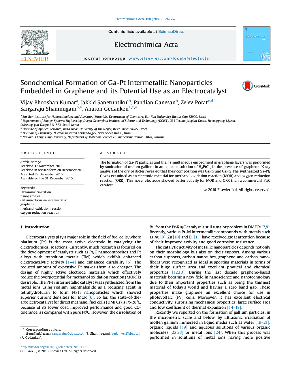 Sonochemical Formation of Ga-Pt Intermetallic Nanoparticles Embedded in Graphene and its Potential Use as an Electrocatalyst