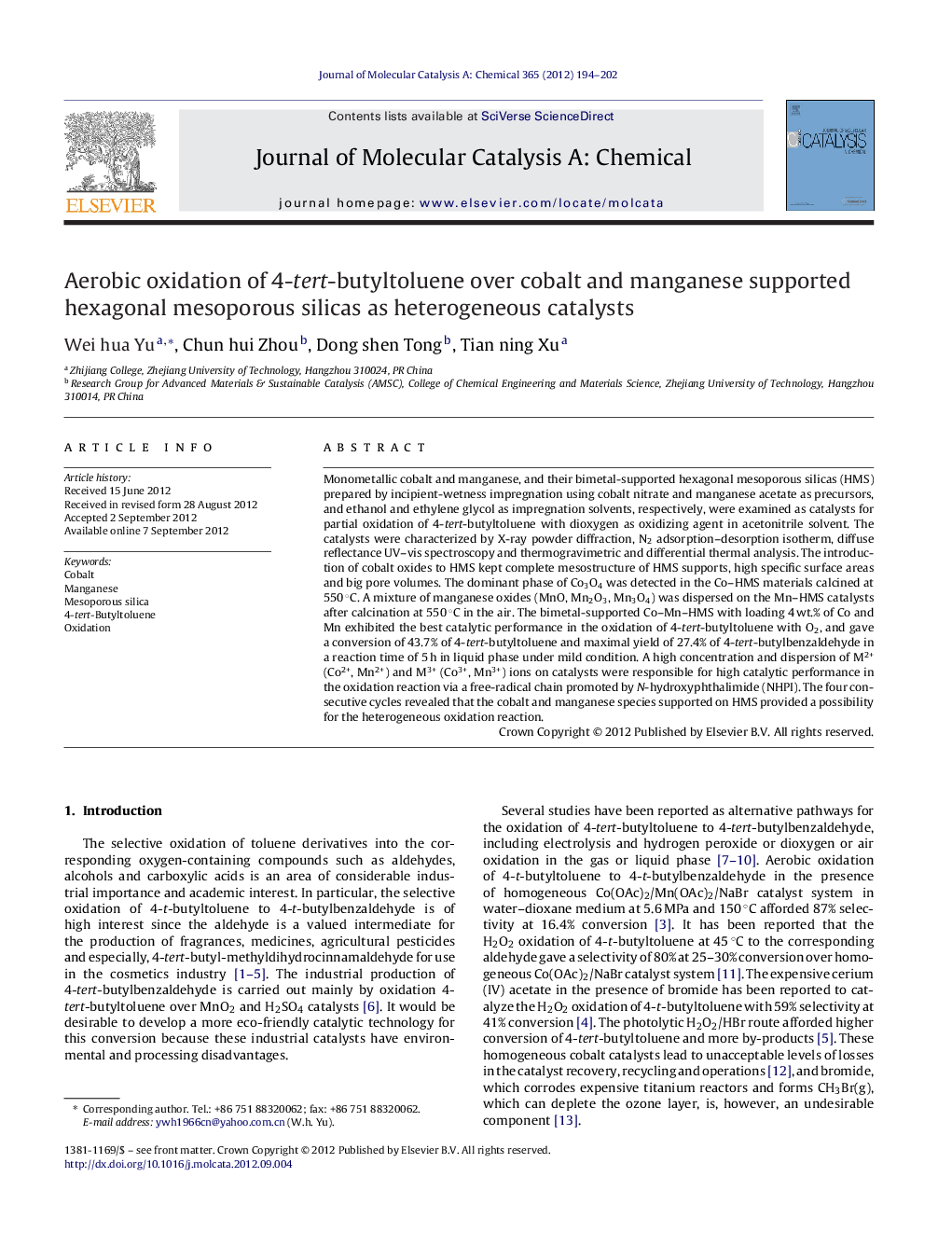 Aerobic oxidation of 4-tert-butyltoluene over cobalt and manganese supported hexagonal mesoporous silicas as heterogeneous catalysts