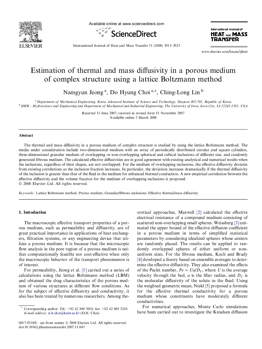 Estimation of thermal and mass diffusivity in a porous medium of complex structure using a lattice Boltzmann method