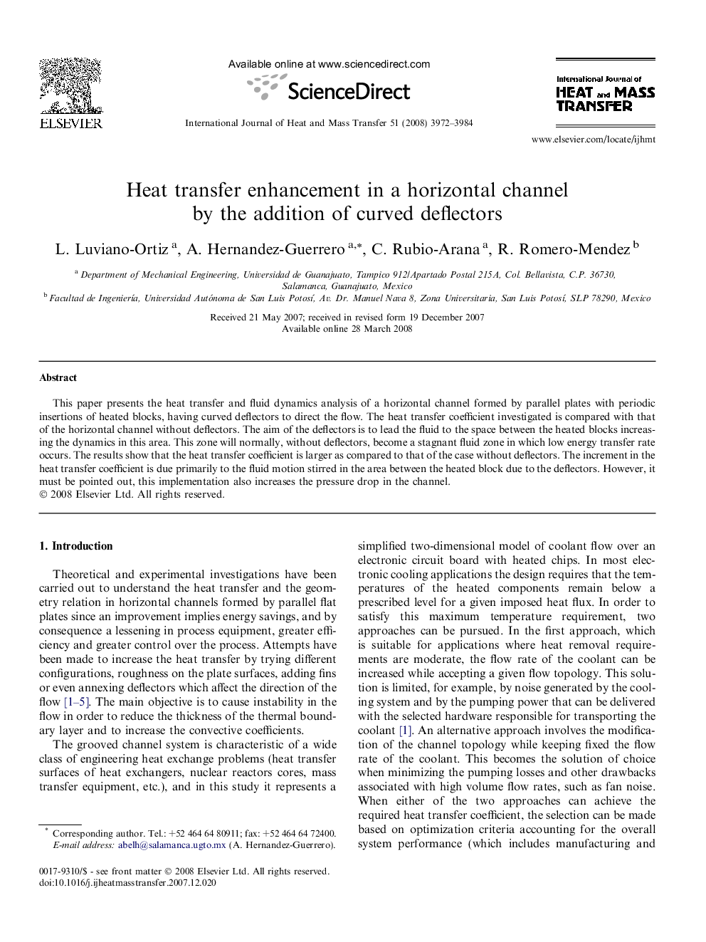 Heat transfer enhancement in a horizontal channel by the addition of curved deflectors